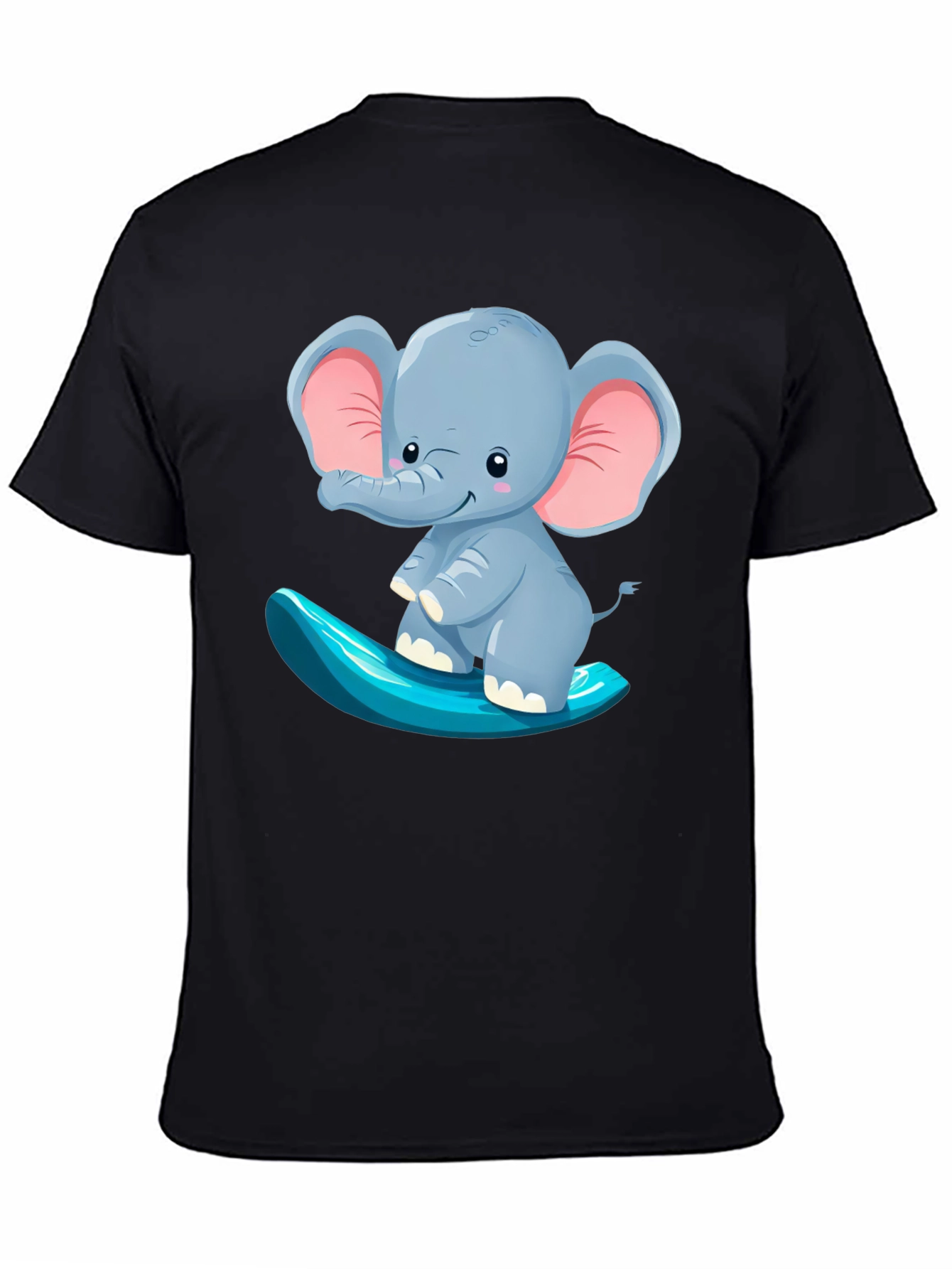 Cute Elephant Surfing Tee - Black Cotton T-Shirt