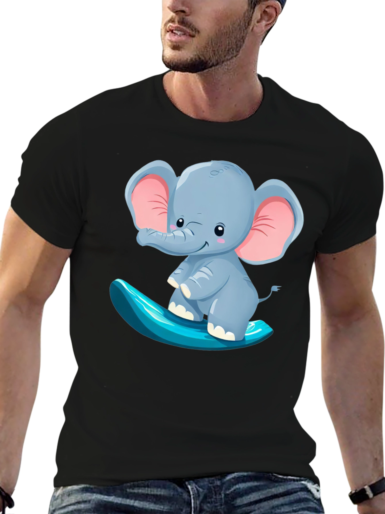 Cute Elephant Surfing Tee - Black Cotton T-Shirt