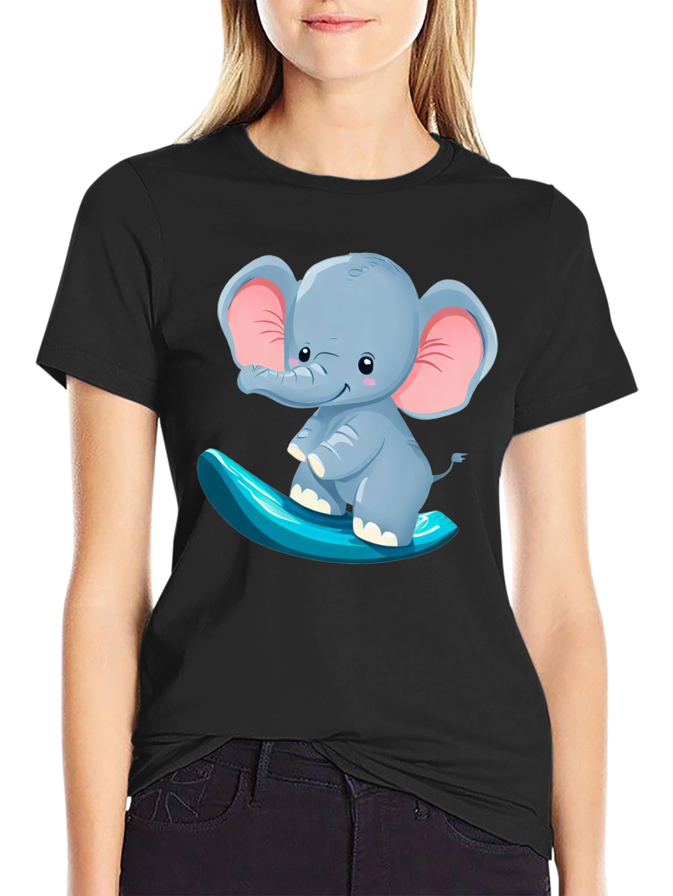 Cute Elephant Surfing Tee - Black Cotton T-Shirt