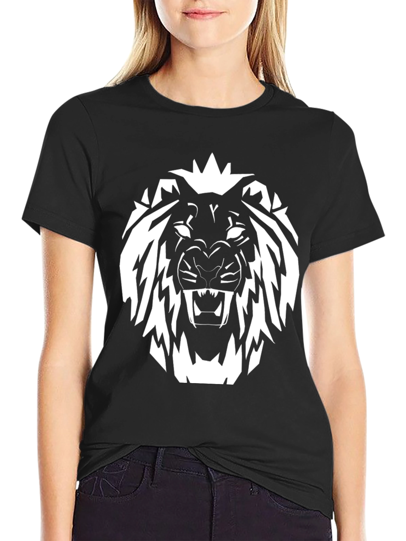 Black T-Shirt with White Lion Graphic