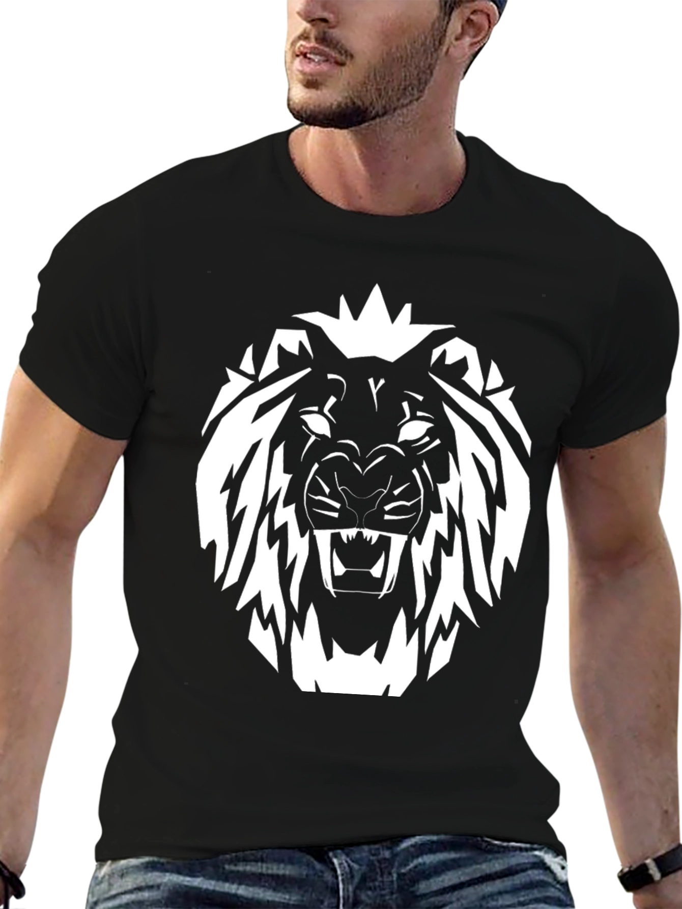 Black T-Shirt with White Lion Graphic