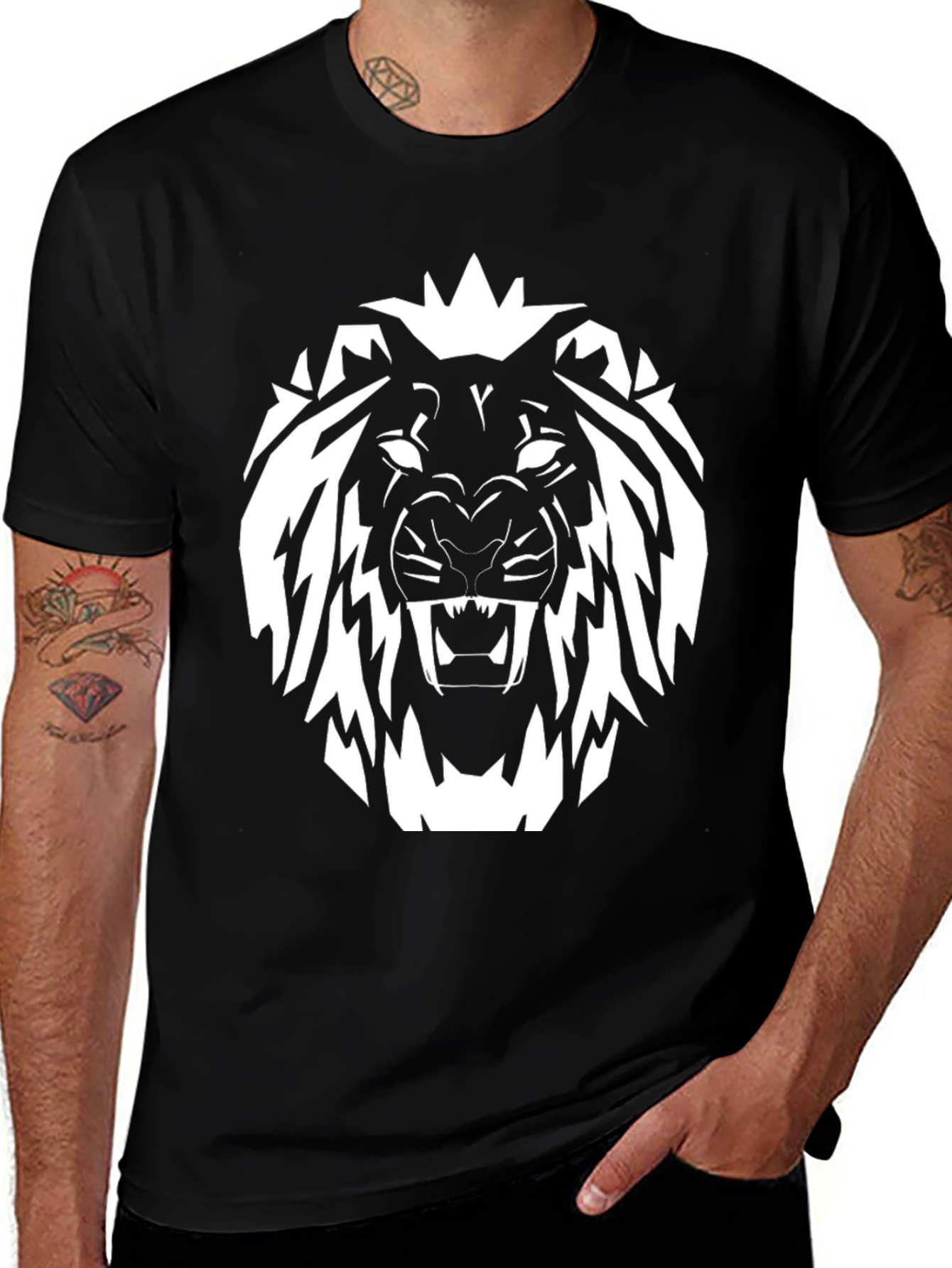 Black T-Shirt with White Lion Graphic