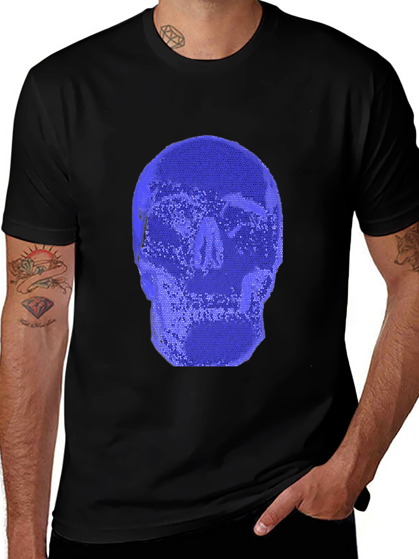 Blue Skull Graphic Black T-Shirt