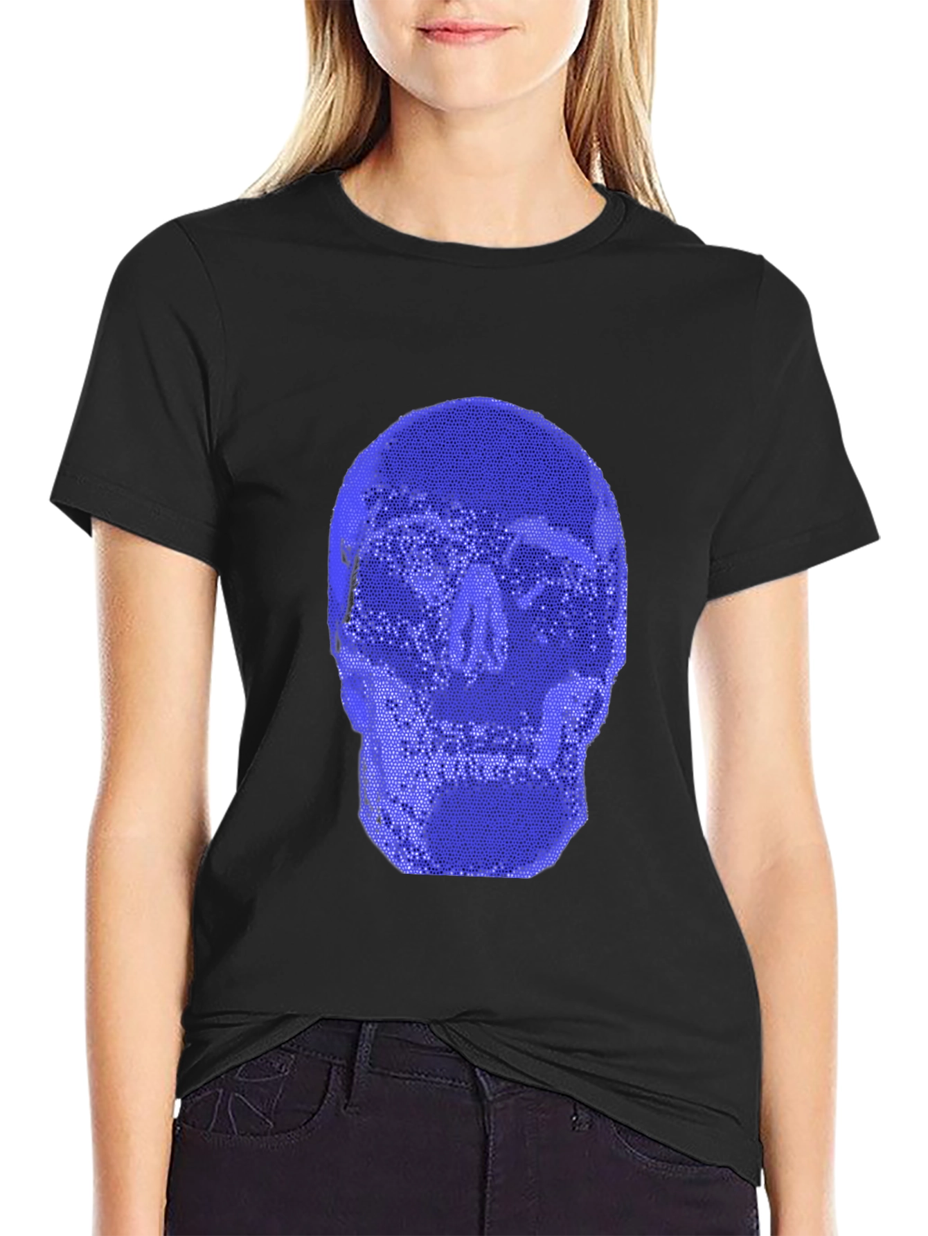 Blue Skull Graphic Black T-Shirt