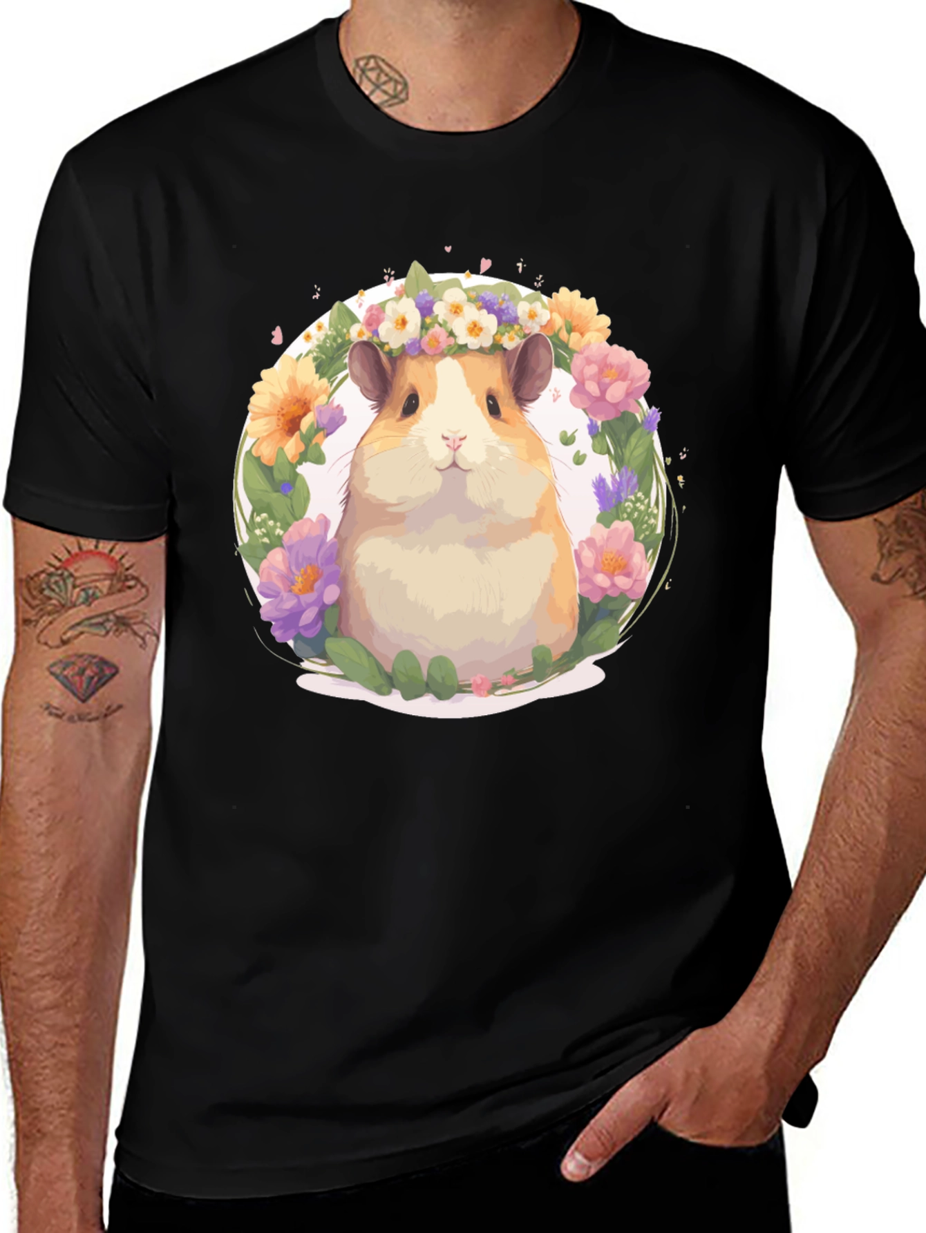 Hamster Floral Crown Black T-Shirt