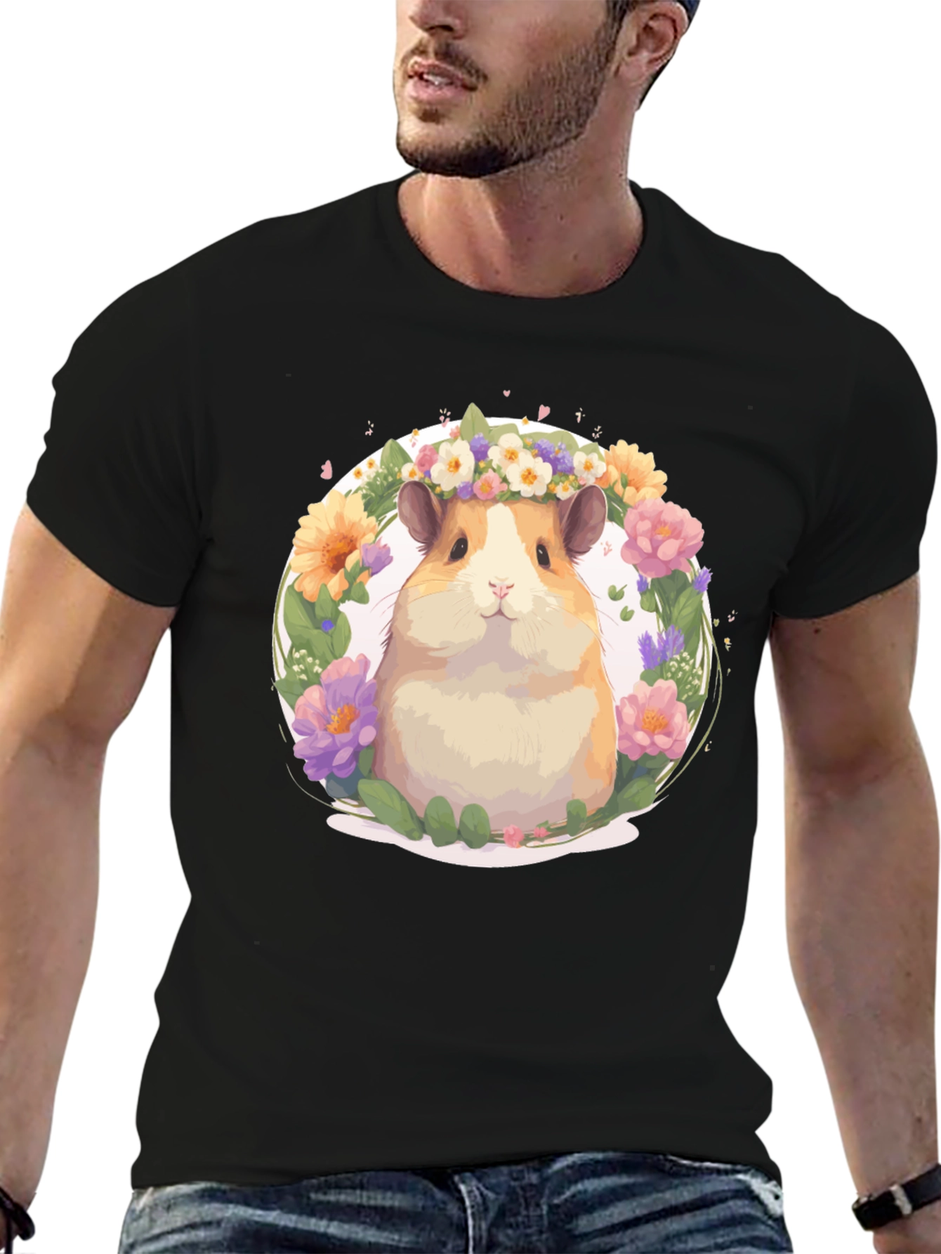 Hamster Floral Crown Black T-Shirt