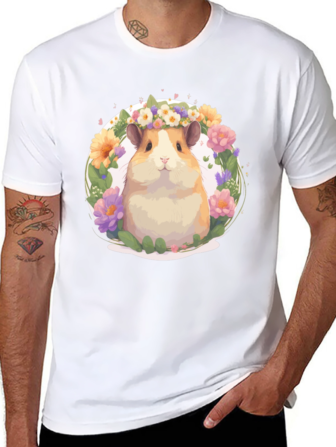 Hamster Floral Crown Black T-Shirt