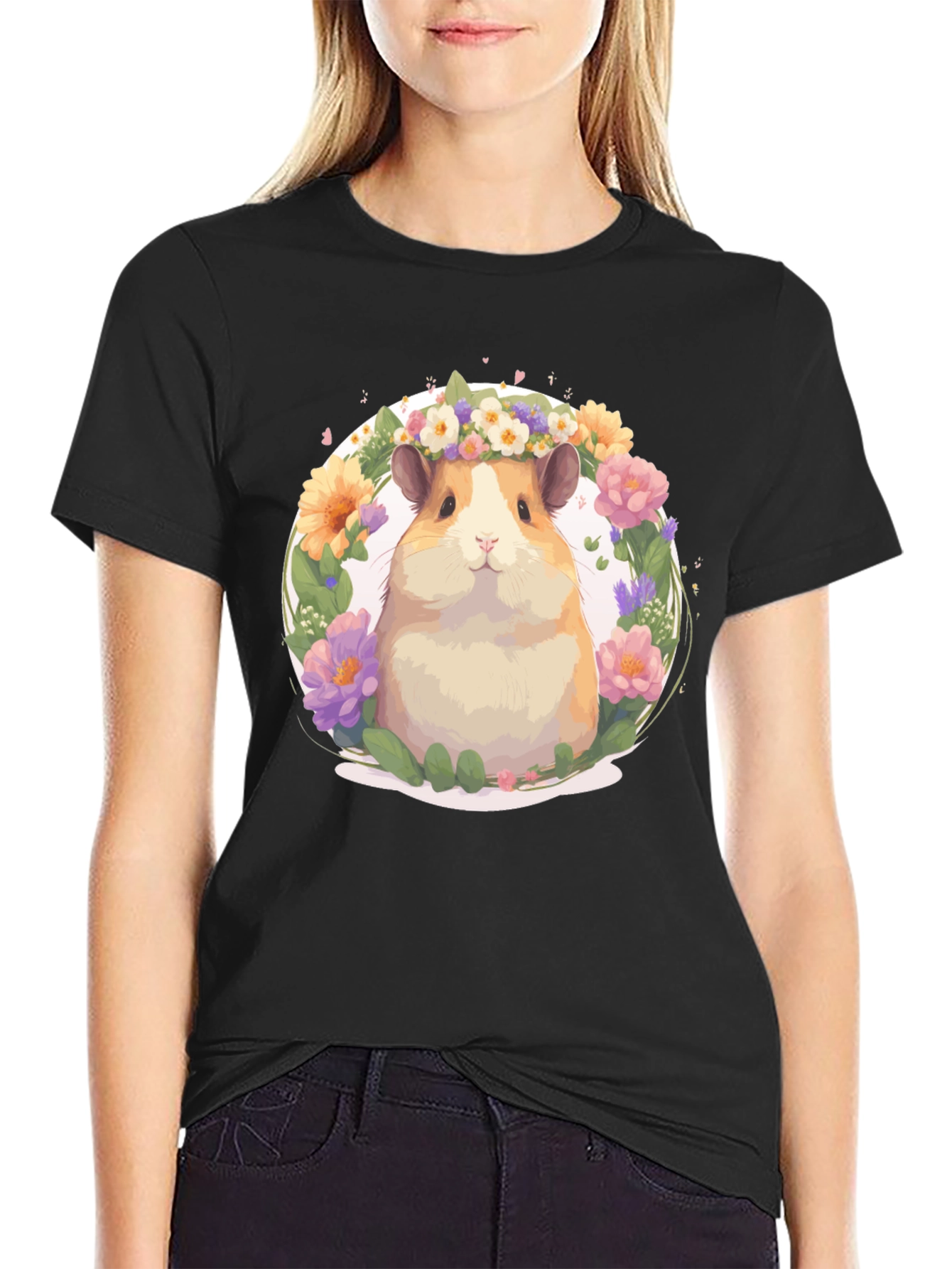 Hamster Floral Crown Black T-Shirt
