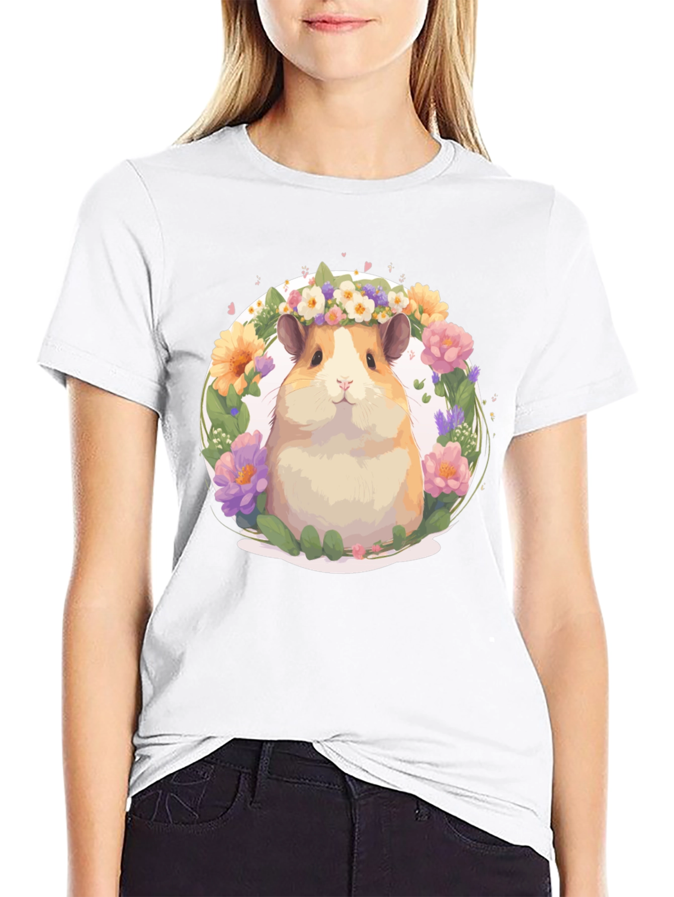 Hamster Floral Crown Black T-Shirt