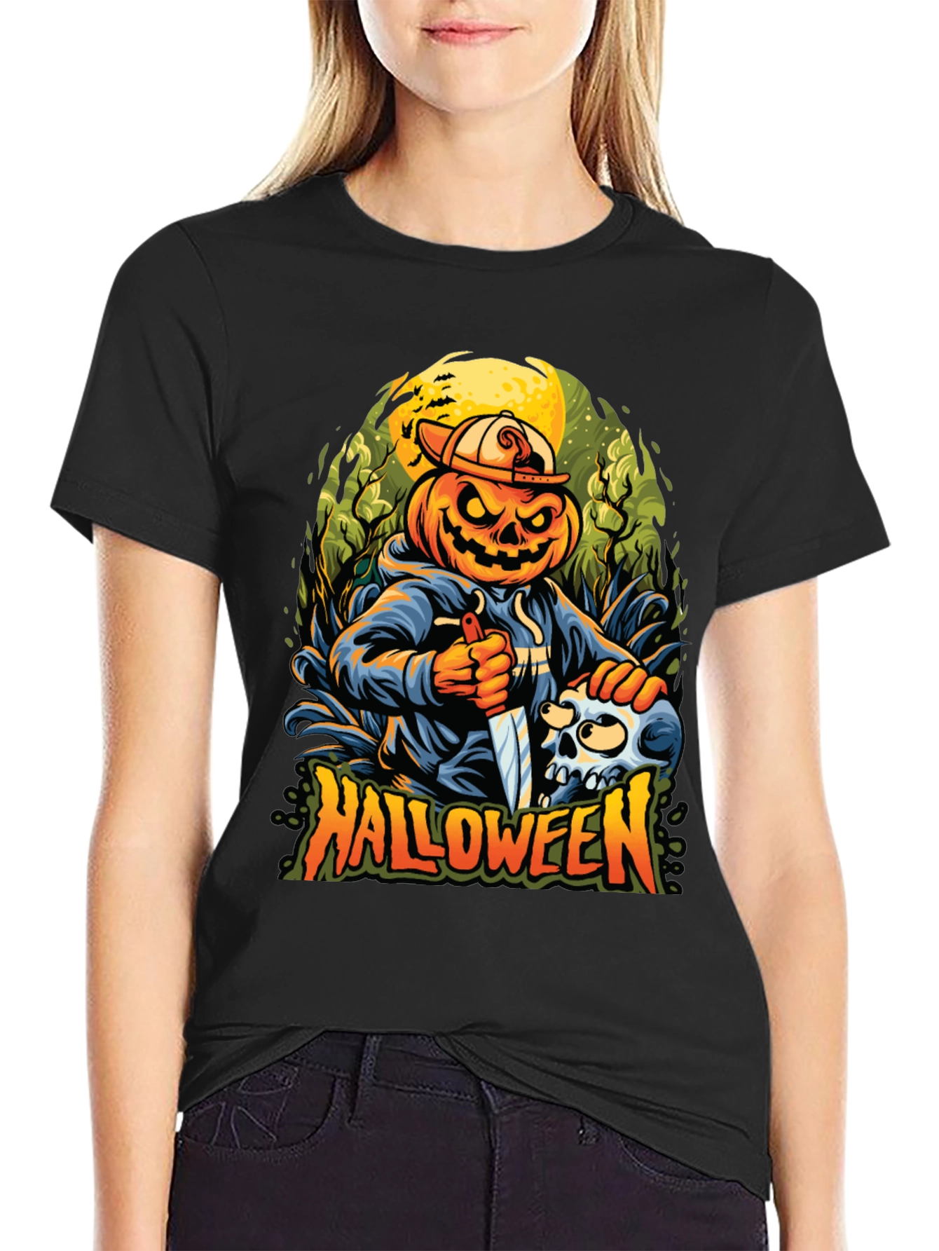 Halloween Pumpkin Skull Graphic Tee