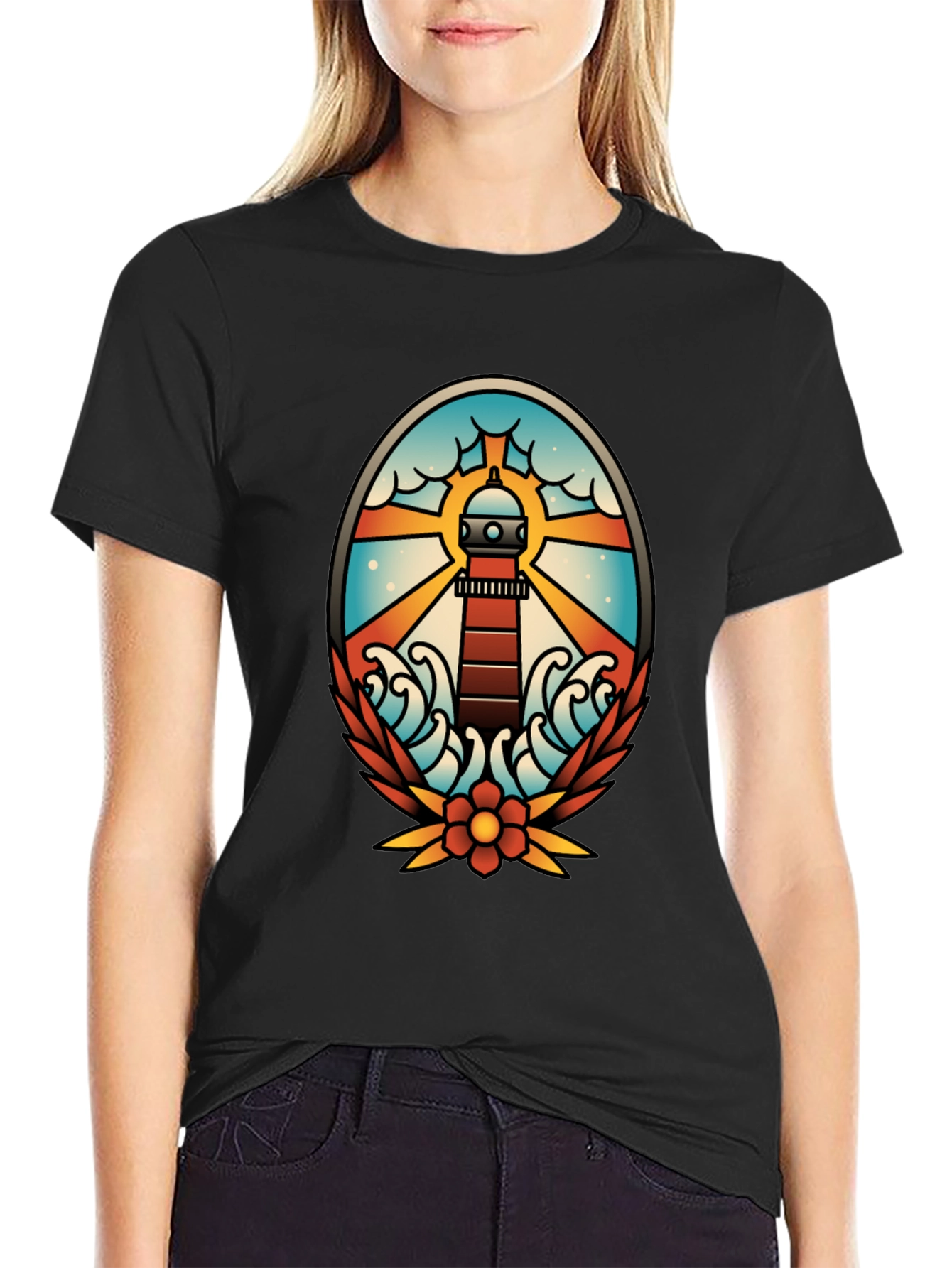 Lighthouse Tattoo Graphic T-Shirt - Black