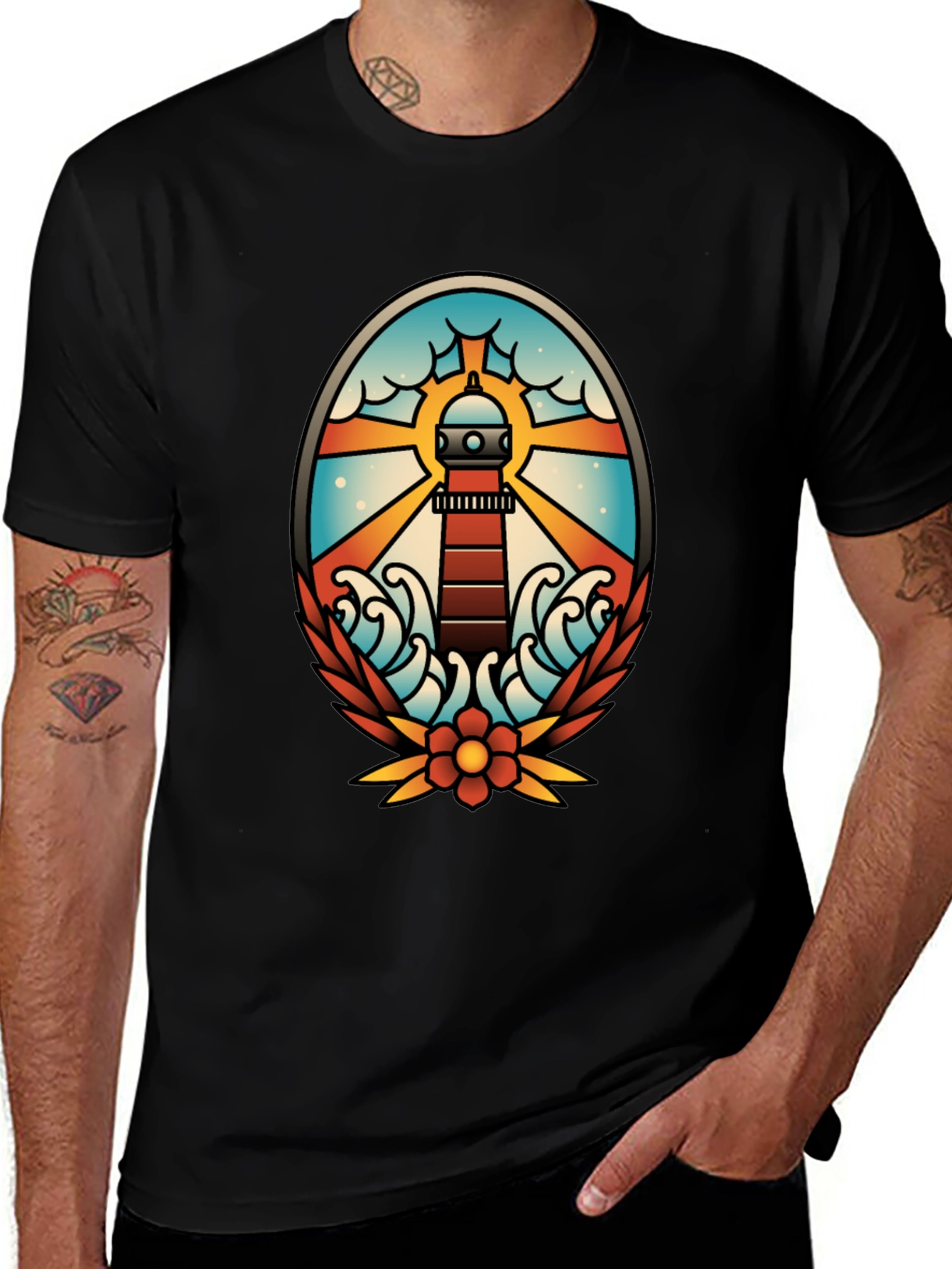 Lighthouse Tattoo Graphic T-Shirt - Black