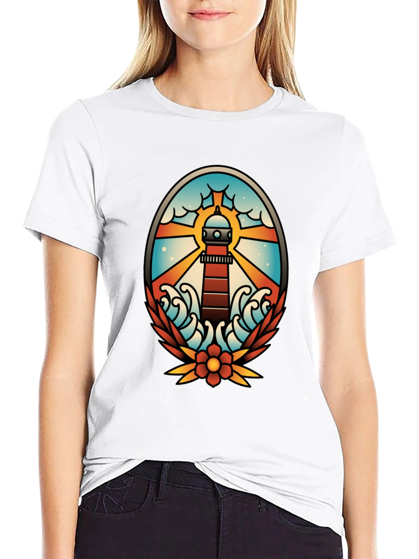 Lighthouse Tattoo Graphic T-Shirt - Black