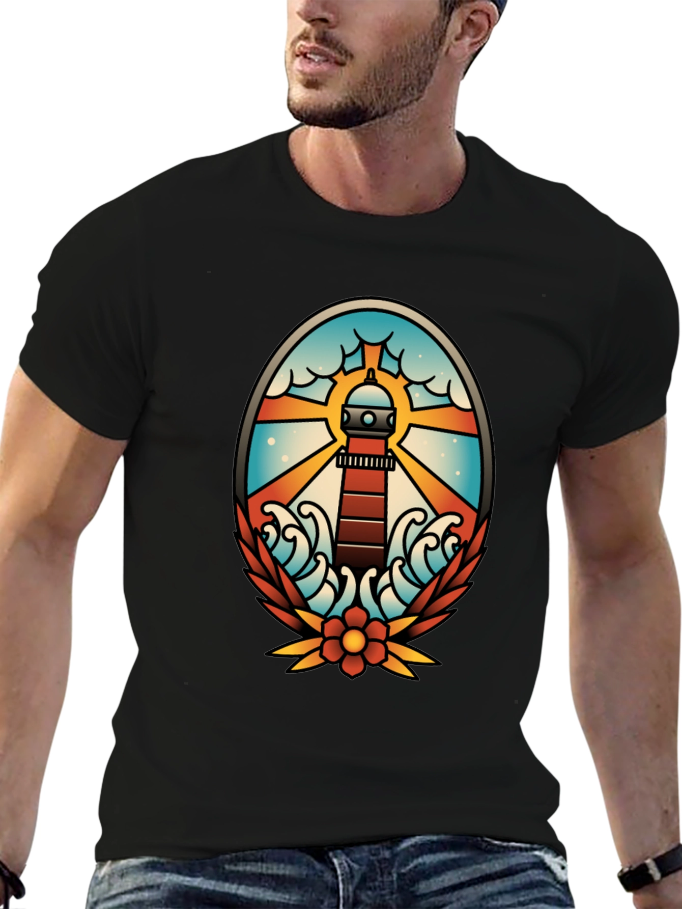 Lighthouse Tattoo Graphic T-Shirt - Black