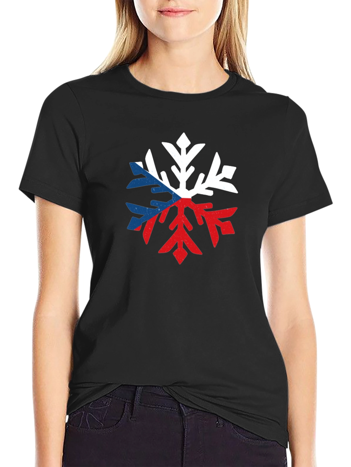 Czech Flag Snowflake Graphic Tee - Black