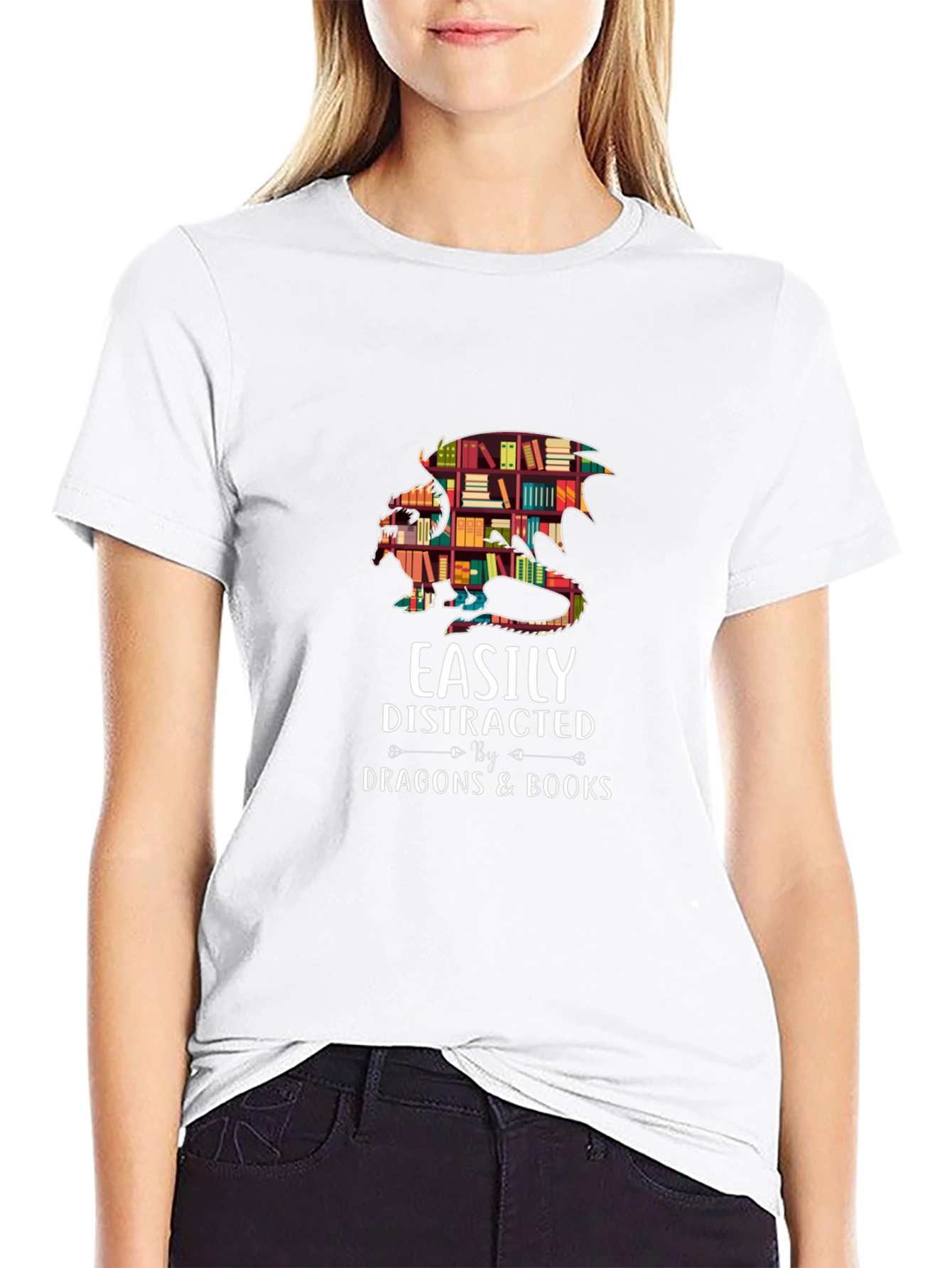 Easily Distracted By Dragons & Books Black T-Shirt