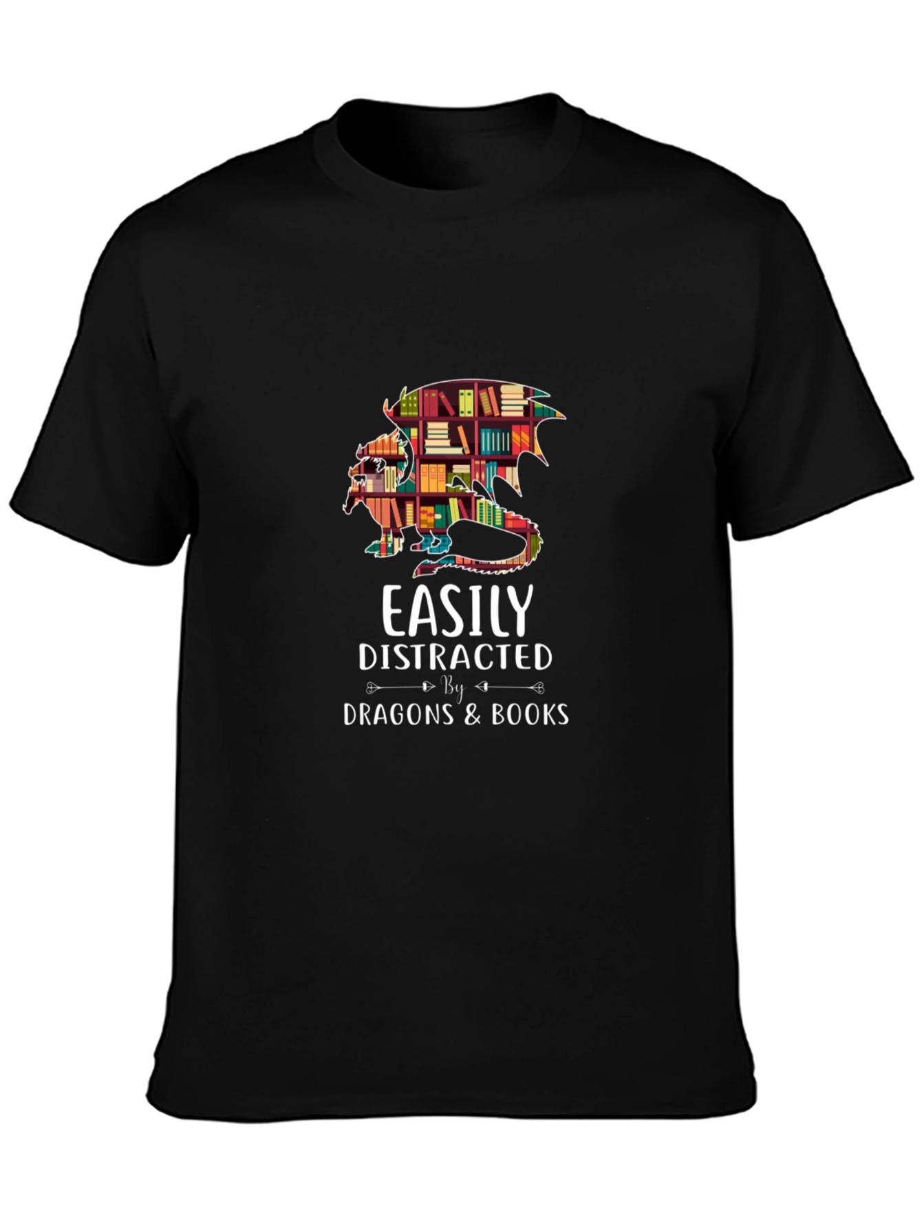 Easily Distracted By Dragons & Books Black T-Shirt