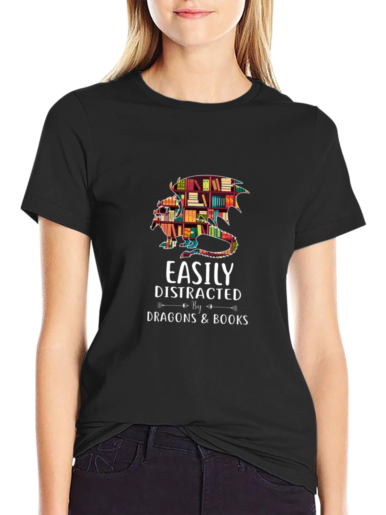 Easily Distracted By Dragons & Books Black T-Shirt