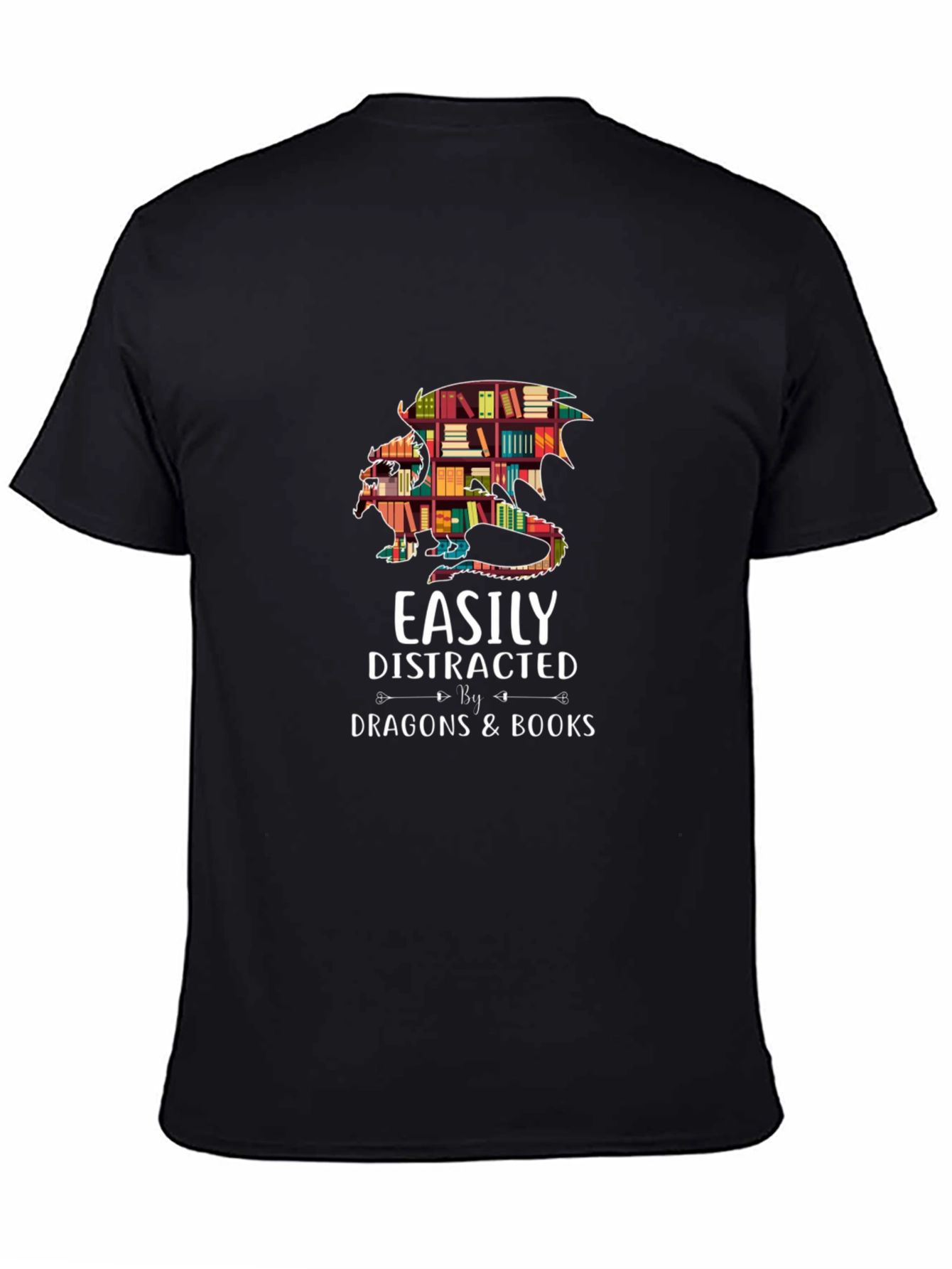 Easily Distracted By Dragons & Books Black T-Shirt