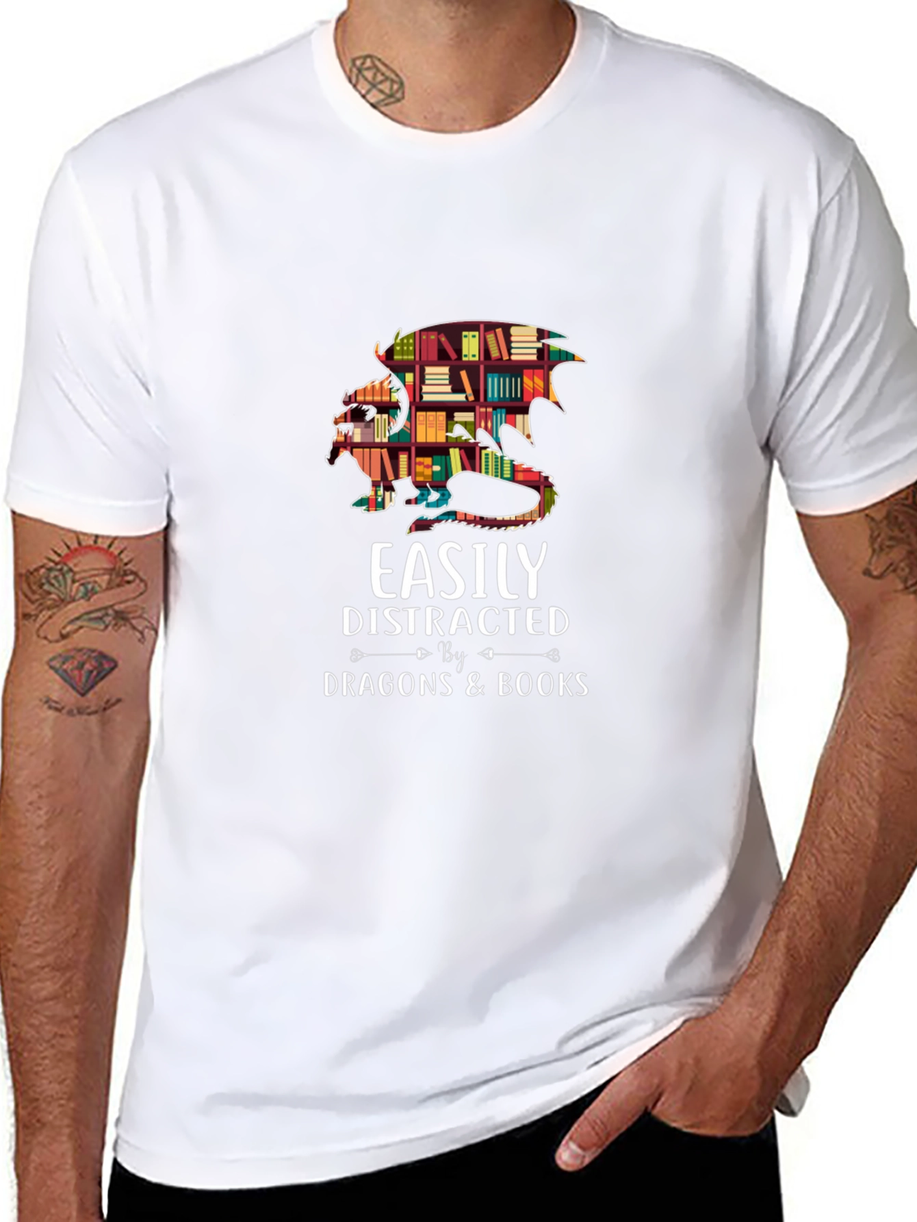 Easily Distracted By Dragons & Books Black T-Shirt