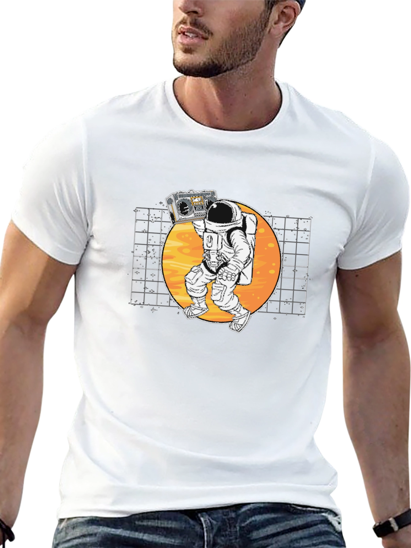Astronaut Boombox Graphic T-Shirt - Retro Space Design