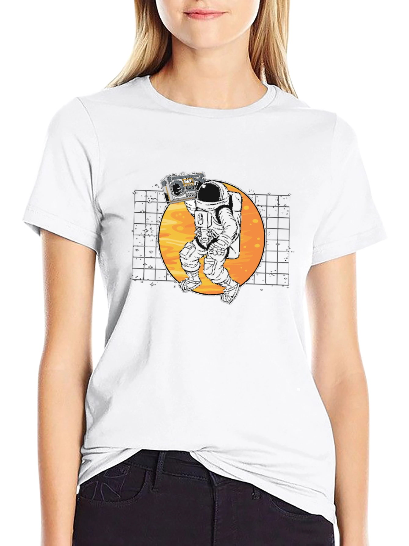 Astronaut Boombox Graphic T-Shirt - Retro Space Design
