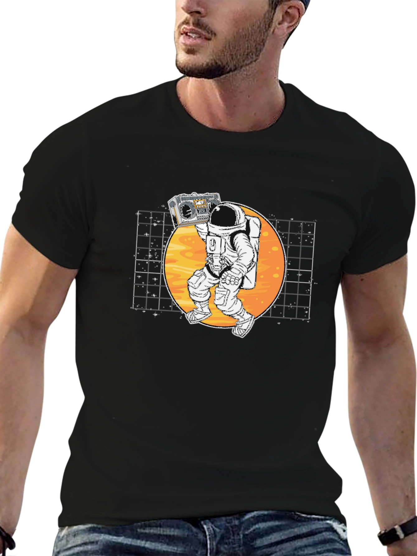 Astronaut Boombox Graphic T-Shirt - Retro Space Design