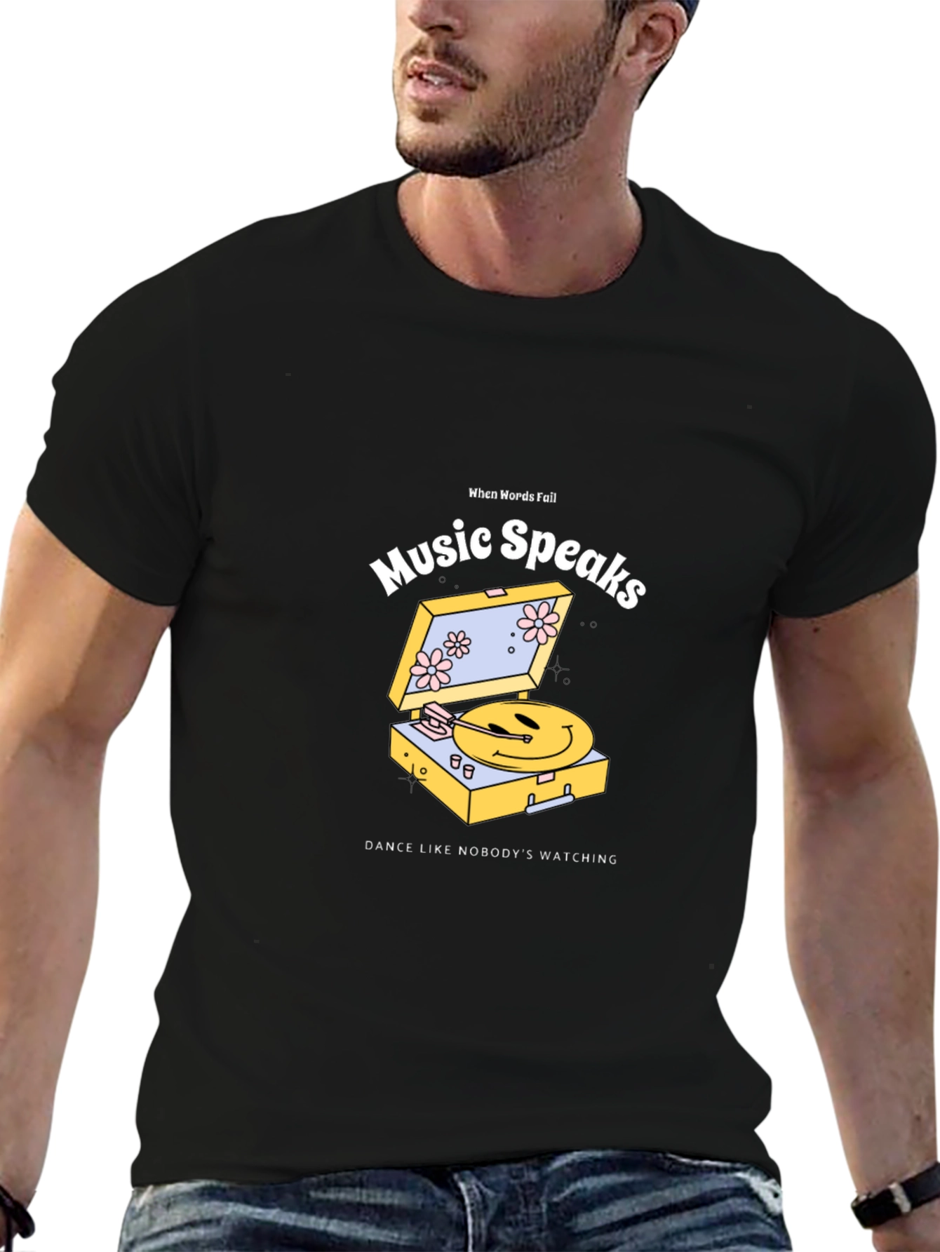 Music Speaks Graphic Tee - Black Cotton T-Shirt