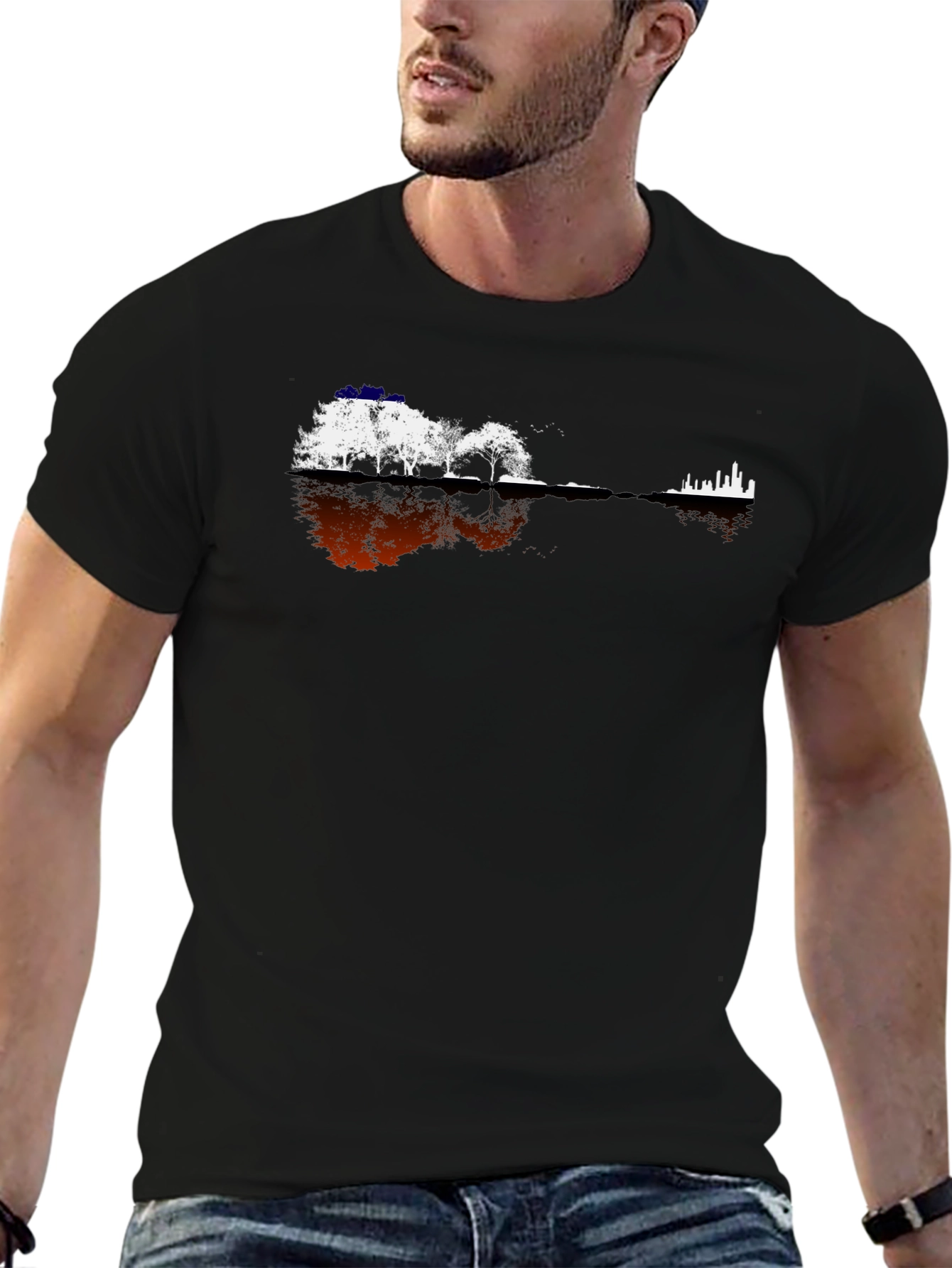 Guitar Landscape Graphic Tee - Black Cotton Blend