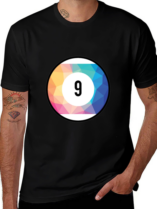 Mens Black T-Shirt with Colorful Number 9 Ball Graphic