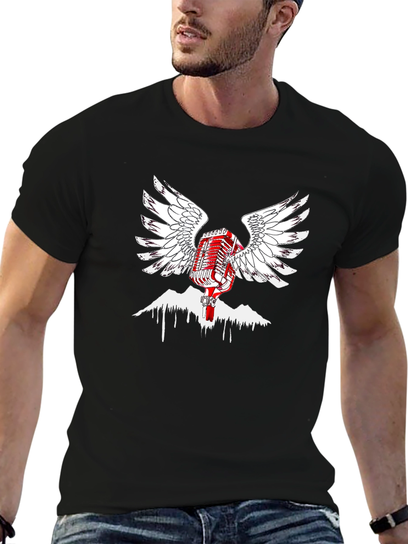 Retro Microphone Wings Black T-Shirt