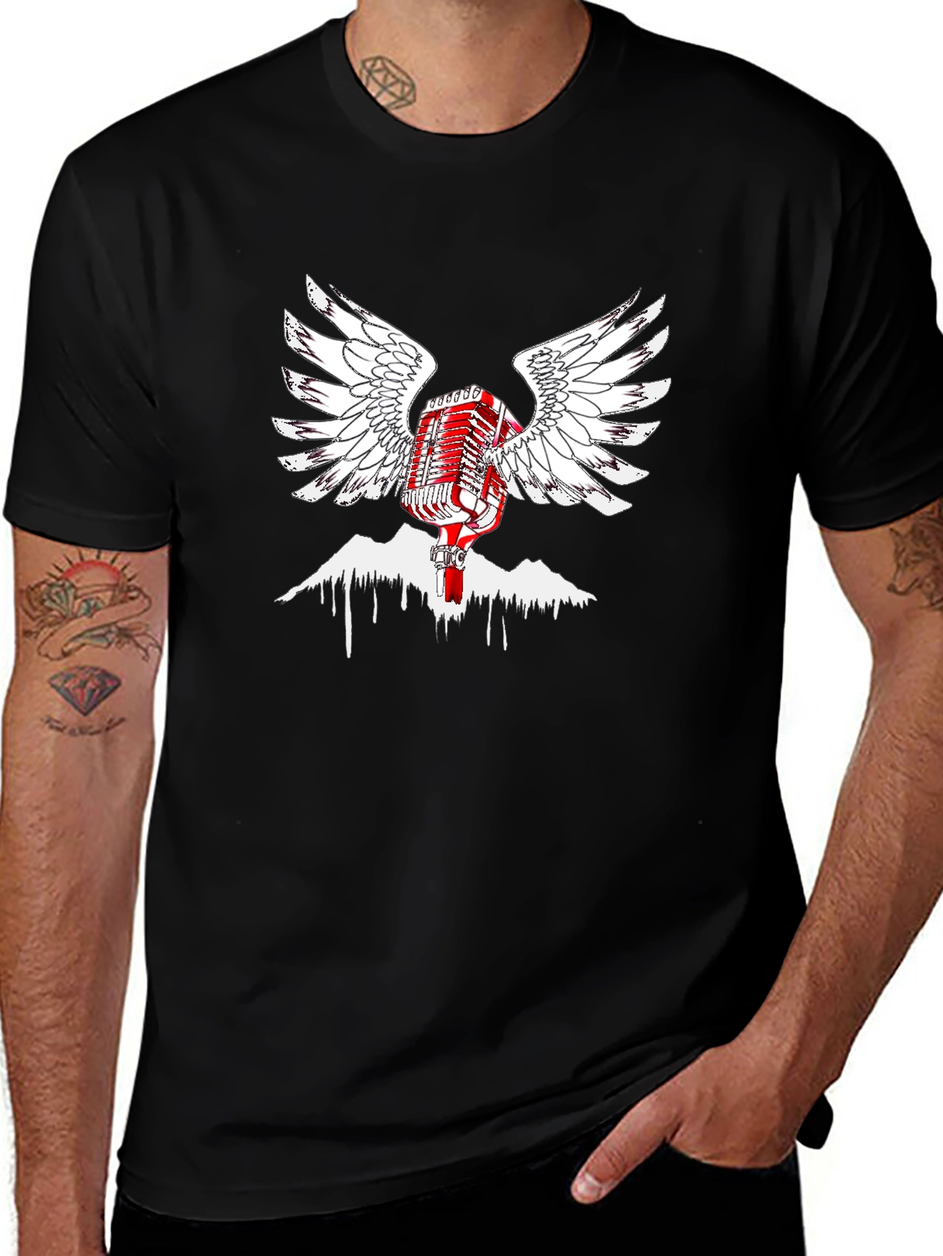 Retro Microphone Wings Black T-Shirt
