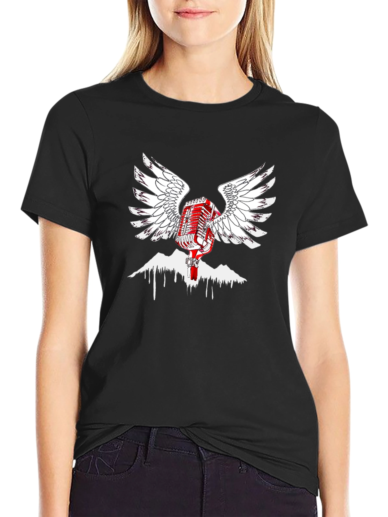 Retro Microphone Wings Black T-Shirt