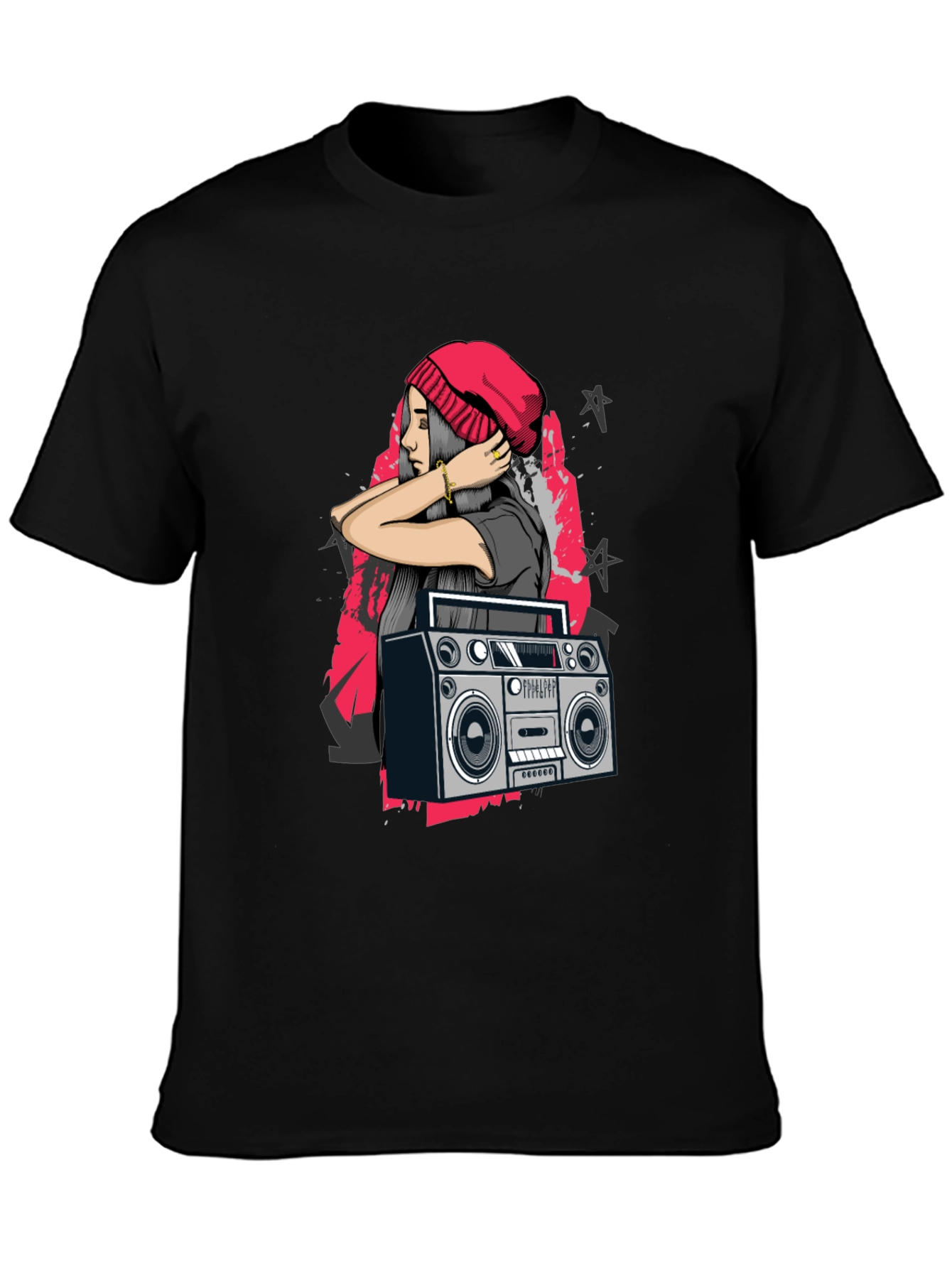 Retro Boombox & Hipster Girl Black Graphic Tee