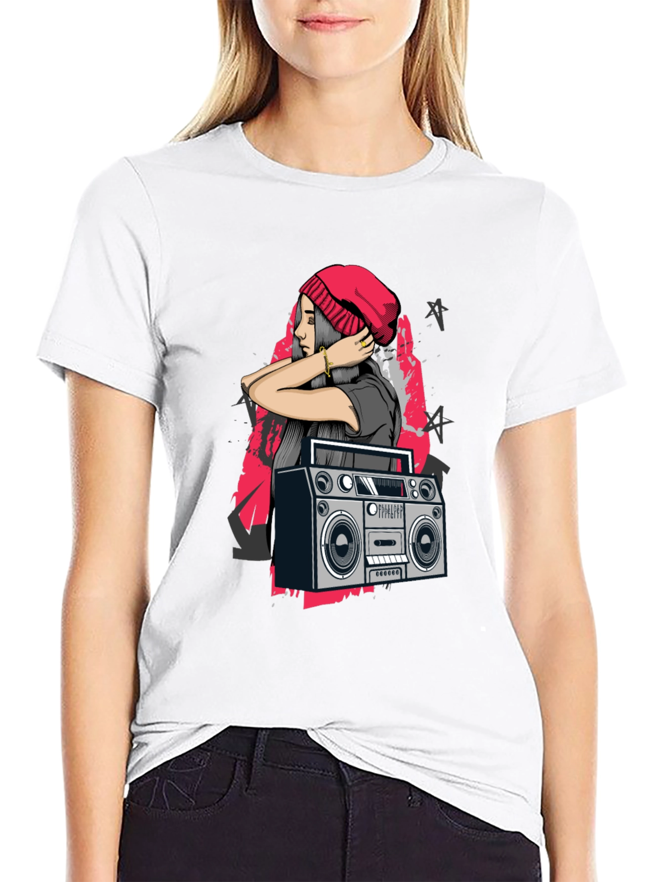 Retro Boombox & Hipster Girl Black Graphic Tee