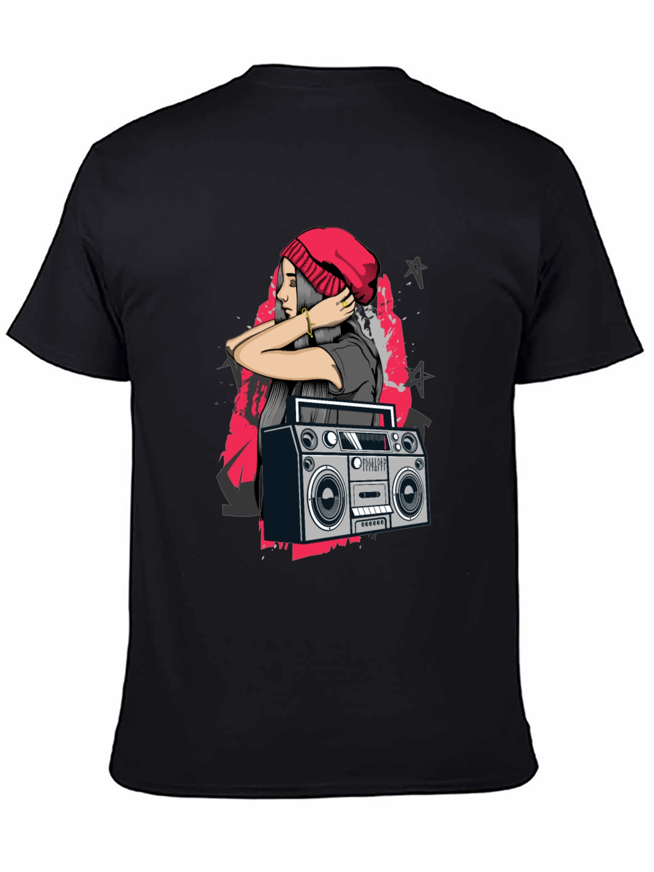 Retro Boombox & Hipster Girl Black Graphic Tee