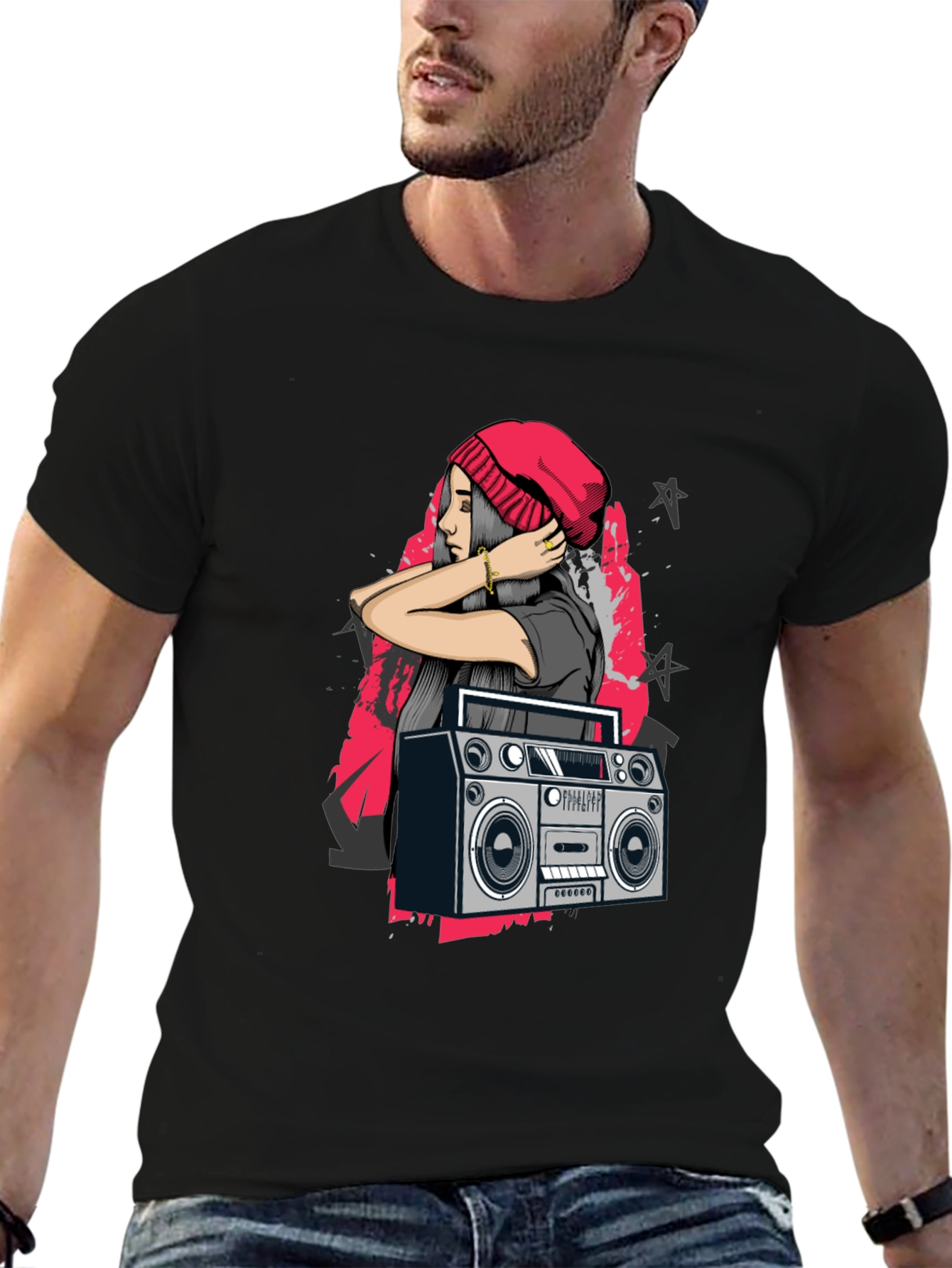 Retro Boombox & Hipster Girl Black Graphic Tee
