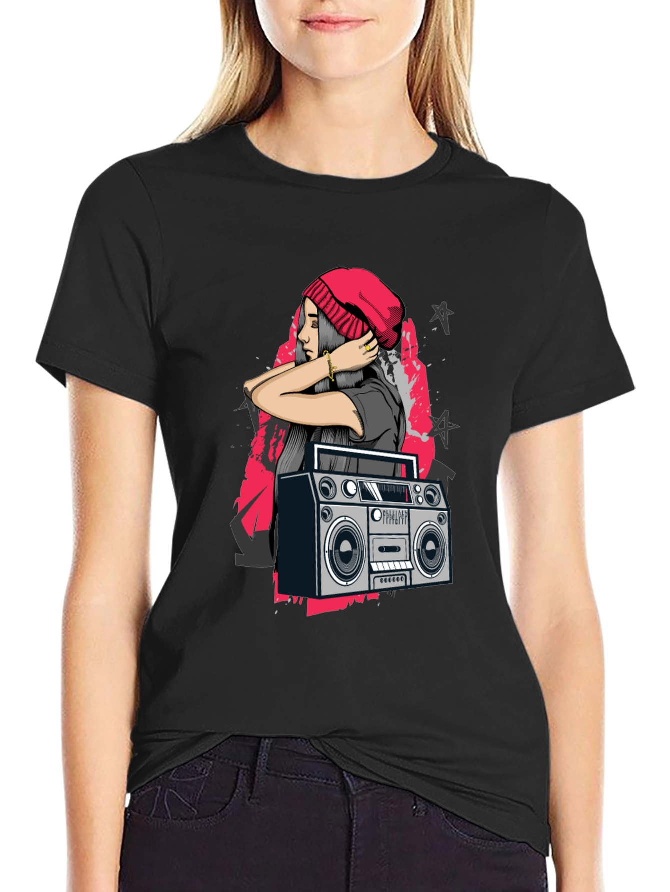 Retro Boombox & Hipster Girl Black Graphic Tee