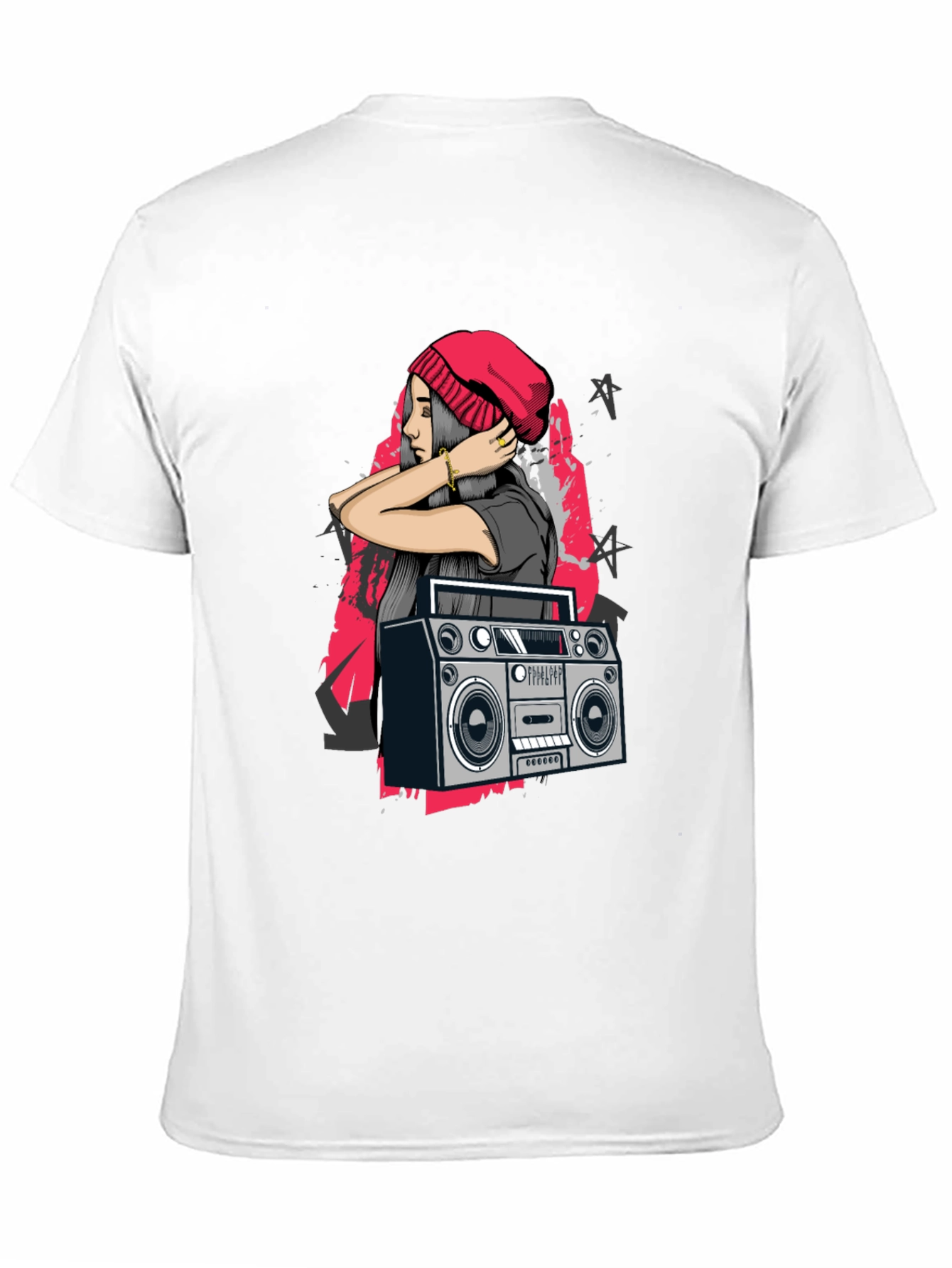 Retro Boombox & Hipster Girl Black Graphic Tee