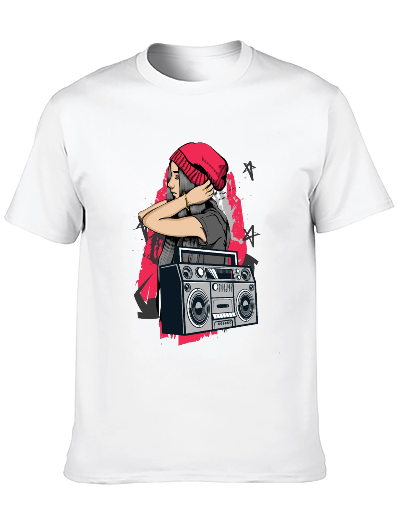 Retro Boombox & Hipster Girl Black Graphic Tee