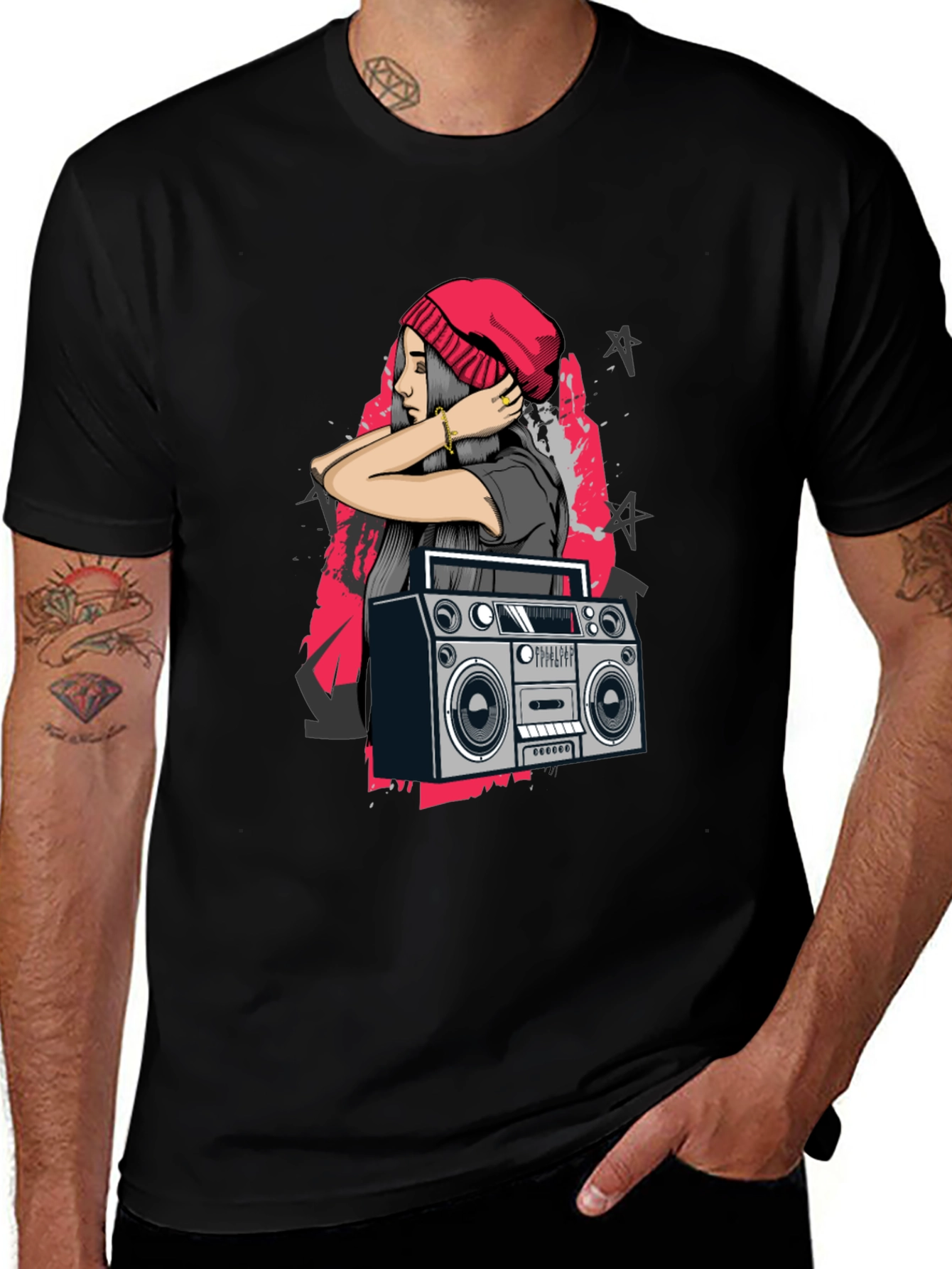Retro Boombox & Hipster Girl Black Graphic Tee