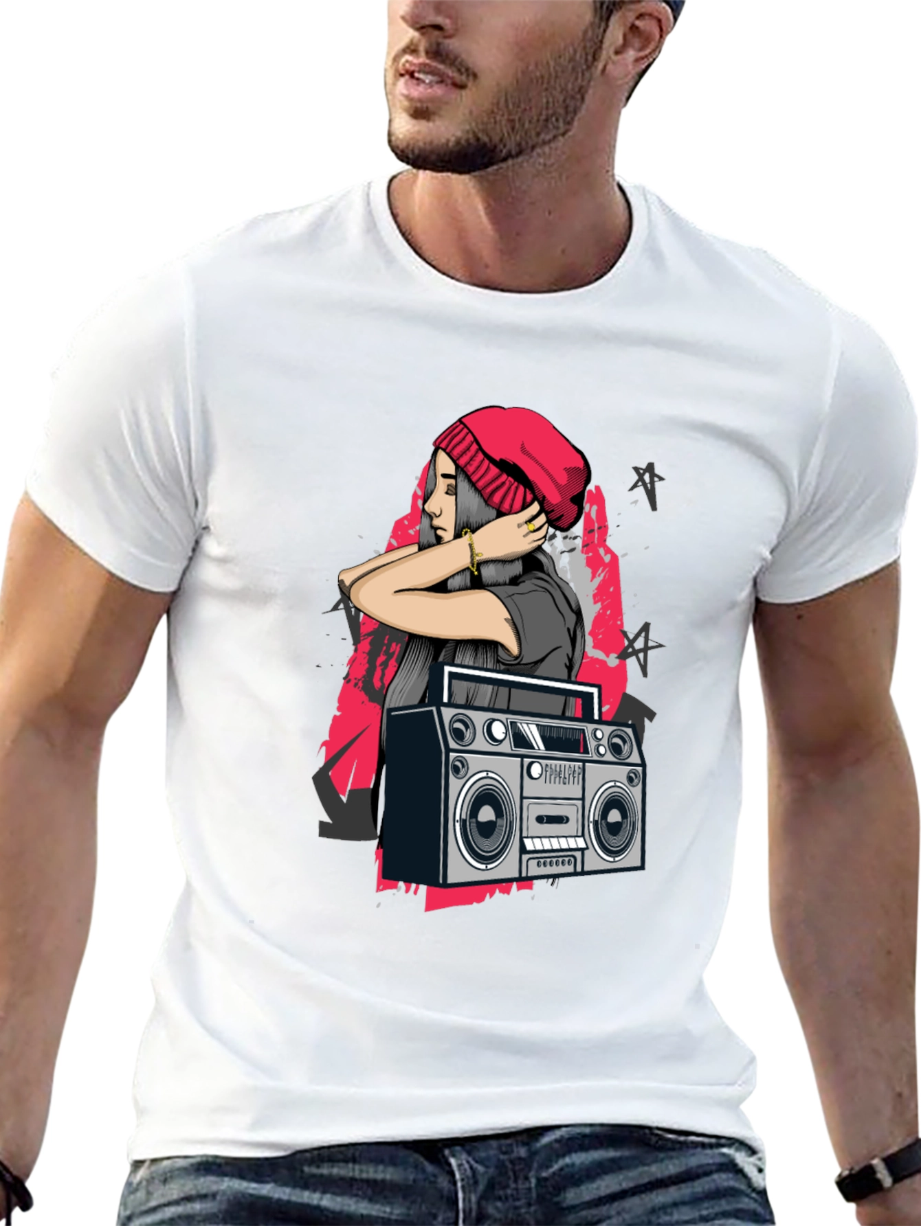 Retro Boombox & Hipster Girl Black Graphic Tee
