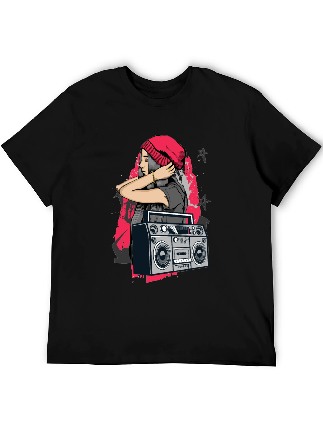Retro Boombox & Hipster Girl Black Graphic Tee