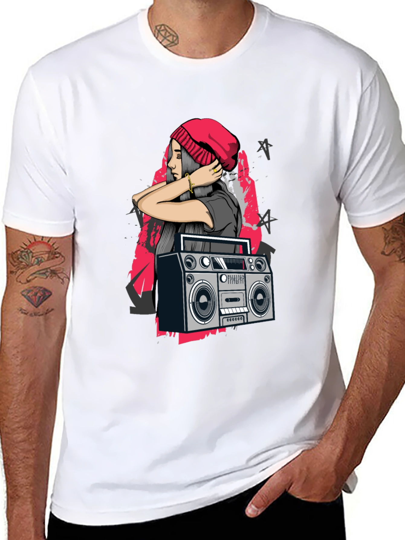 Retro Boombox & Hipster Girl Black Graphic Tee
