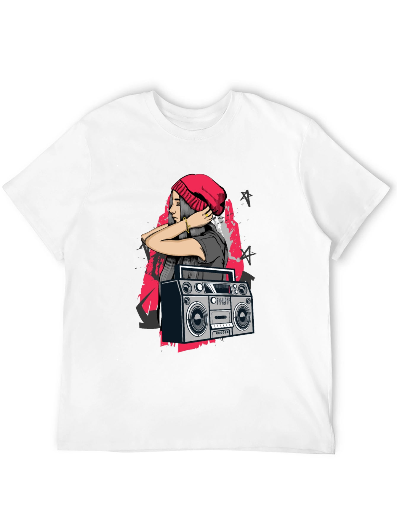 Retro Boombox & Hipster Girl Black Graphic Tee
