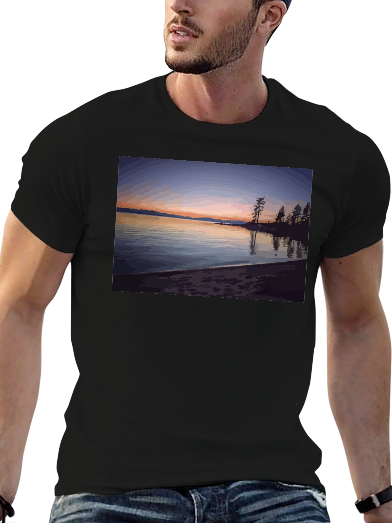 Scenic Lake Sunset Graphic Tee - Black