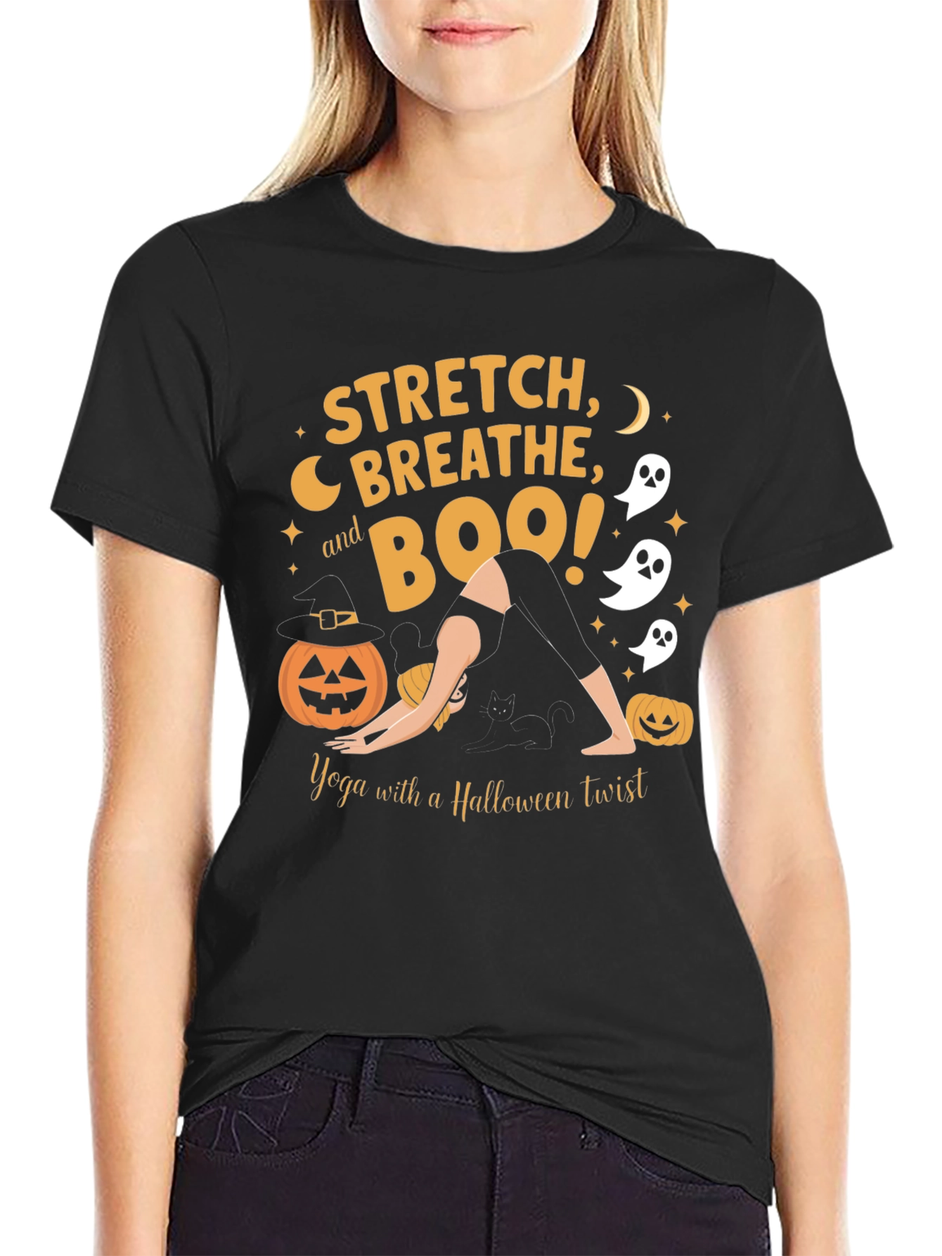 Halloween Yoga T-Shirt: Stretch Breathe Boo!