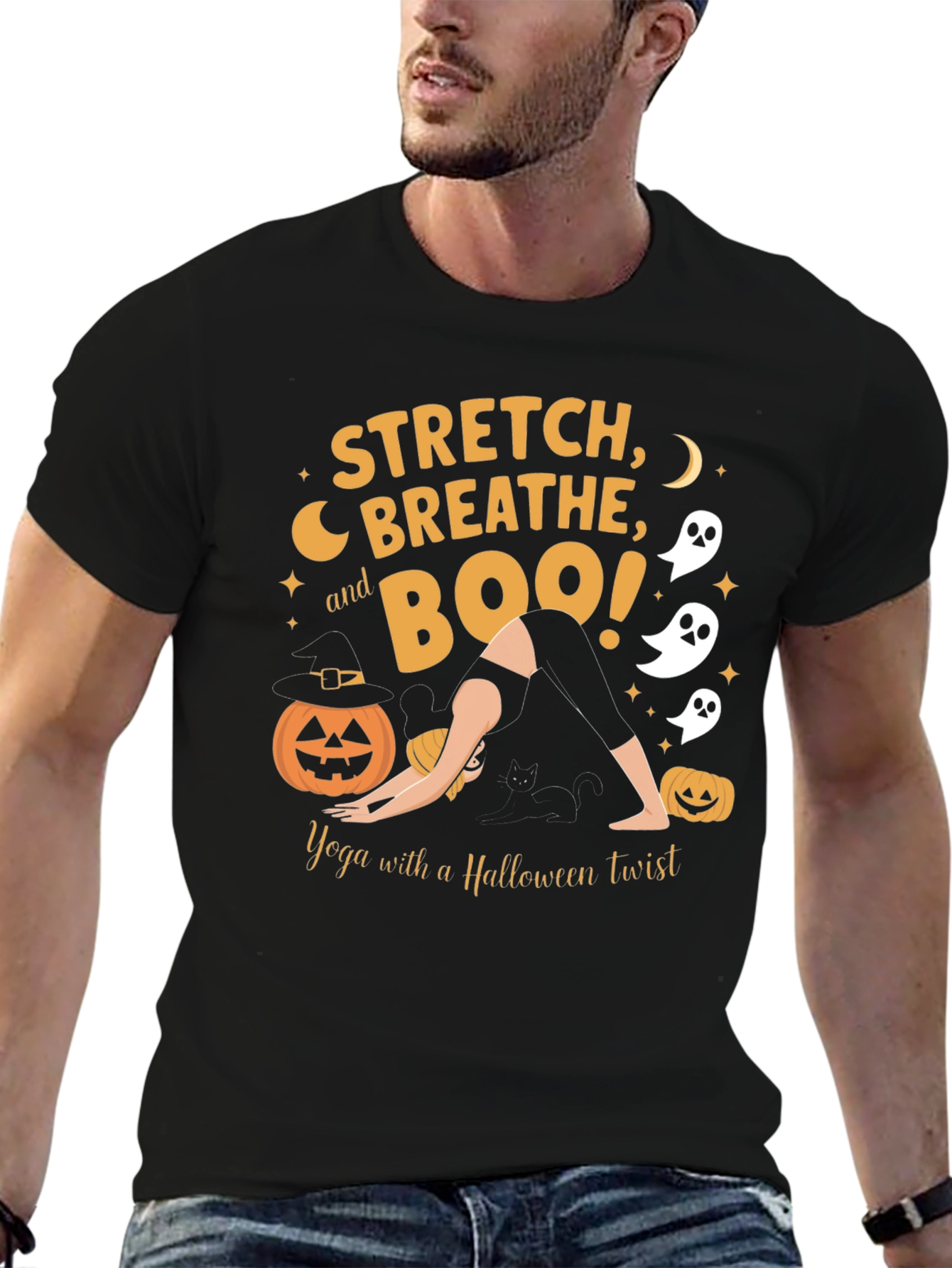 Halloween Yoga T-Shirt: Stretch Breathe Boo!