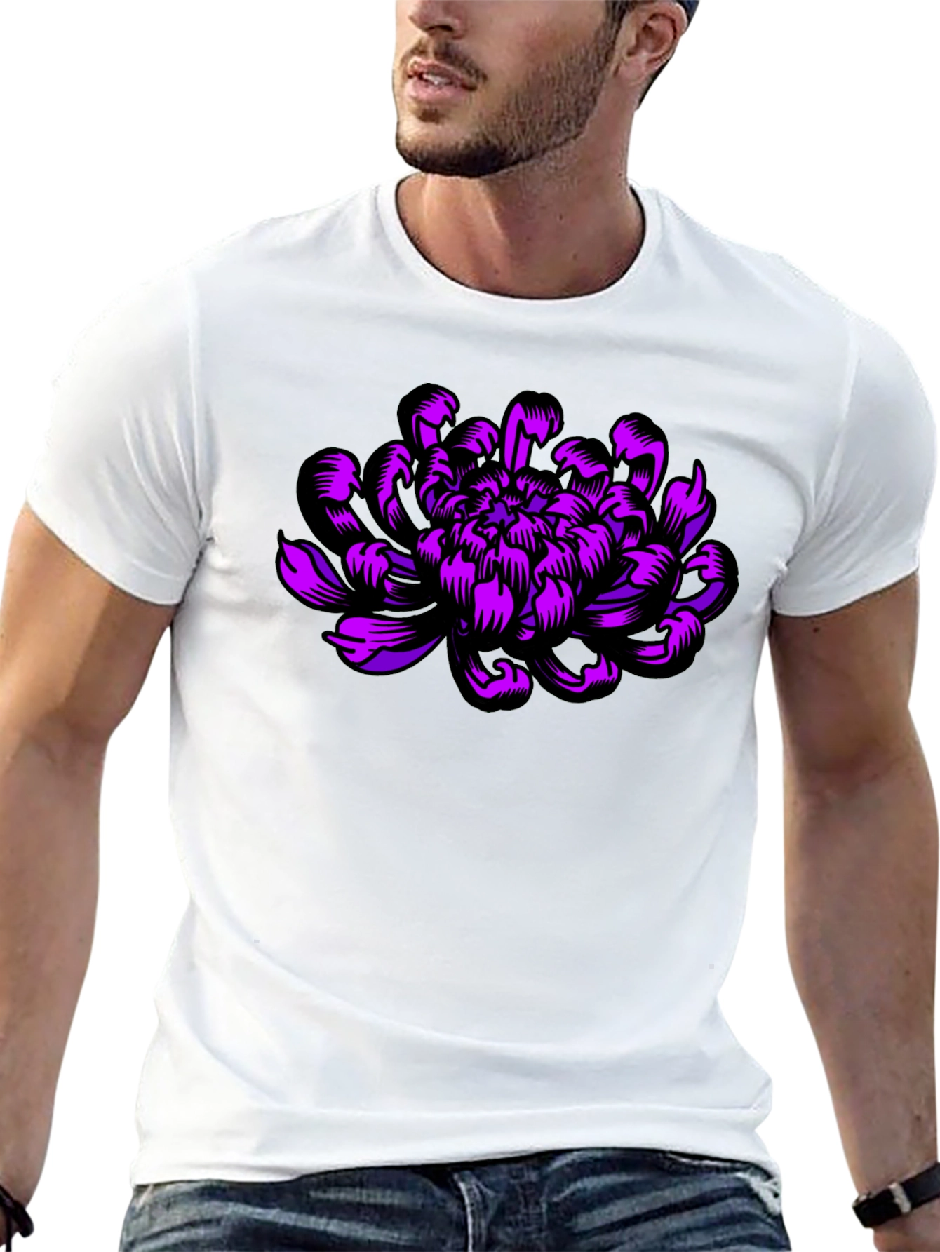 Black T-Shirt with Purple Flower Design