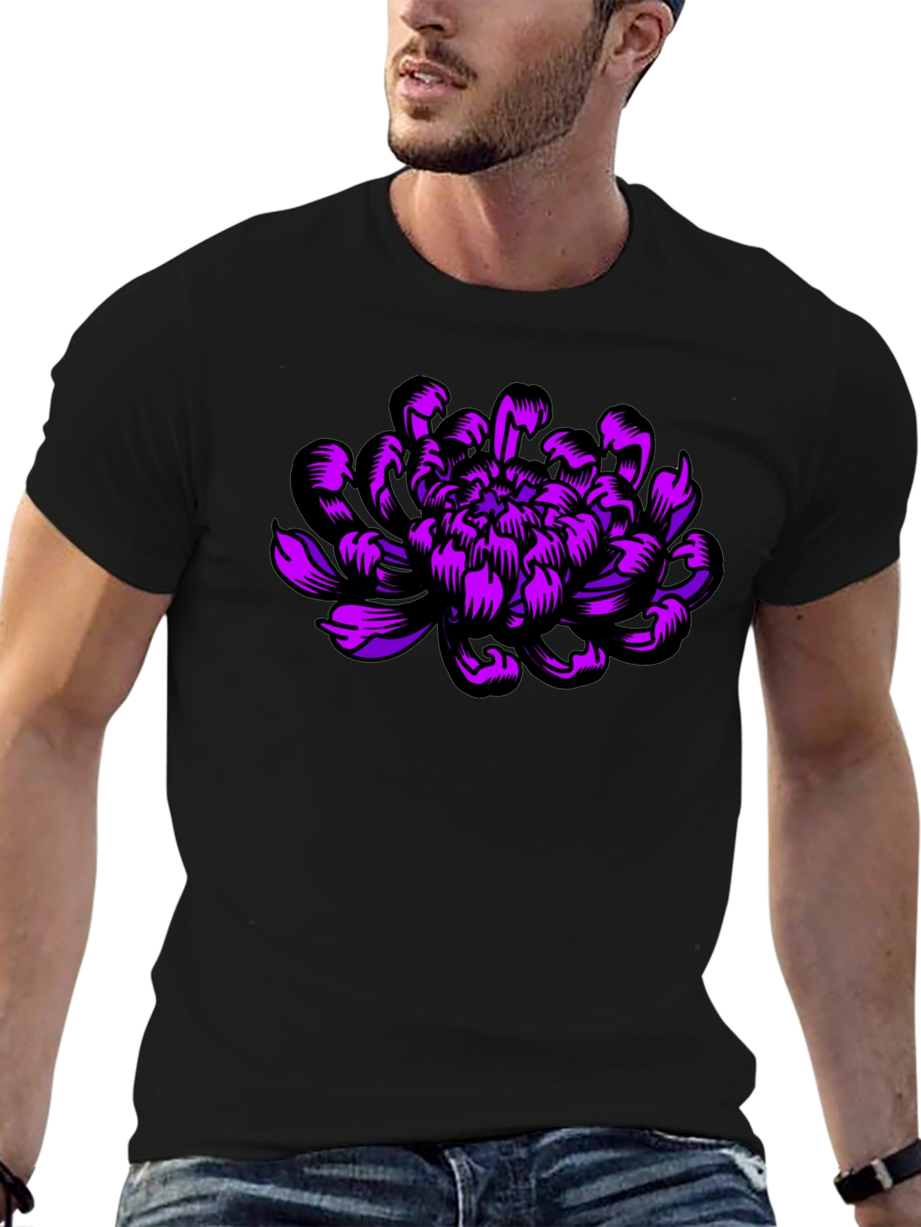 Black T-Shirt with Purple Flower Design